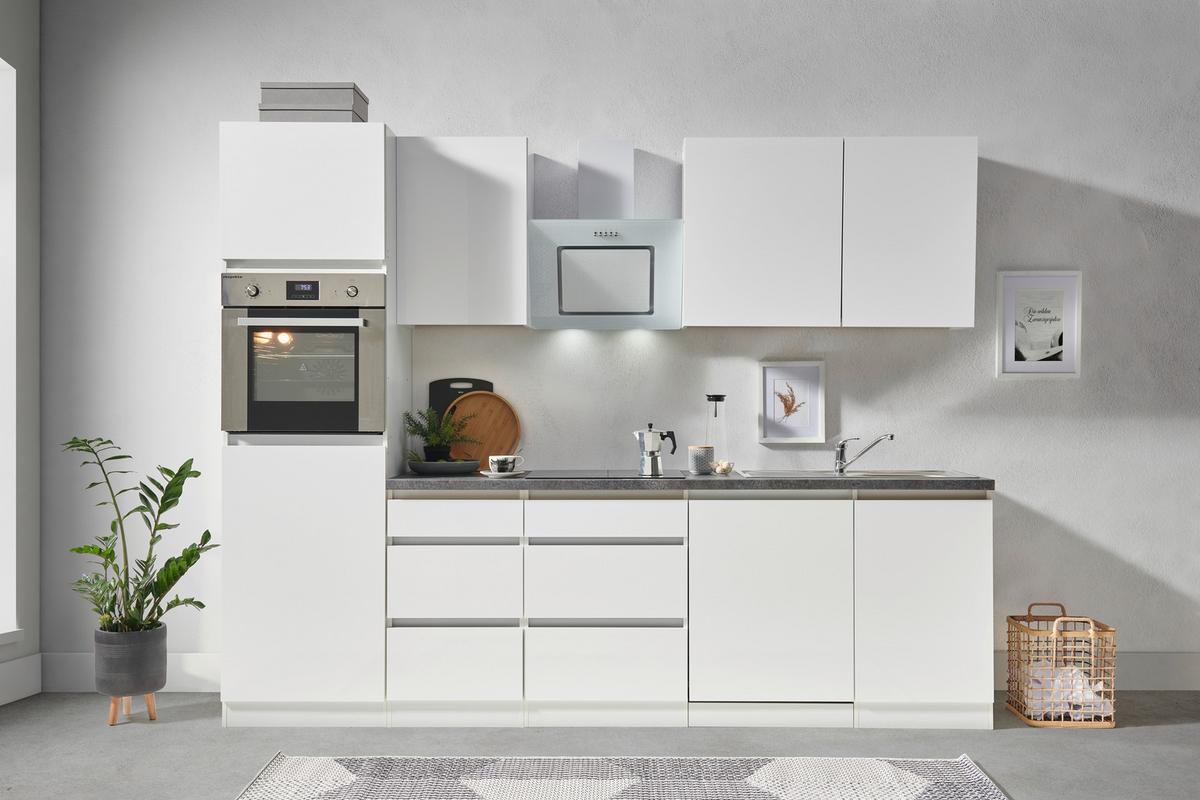 Küchenzeile Premium mit Geräten 280 cm Weiß Hochglanz - Weiß/Grau, MODERN, Holzwerkstoff (280cm) - Respekta