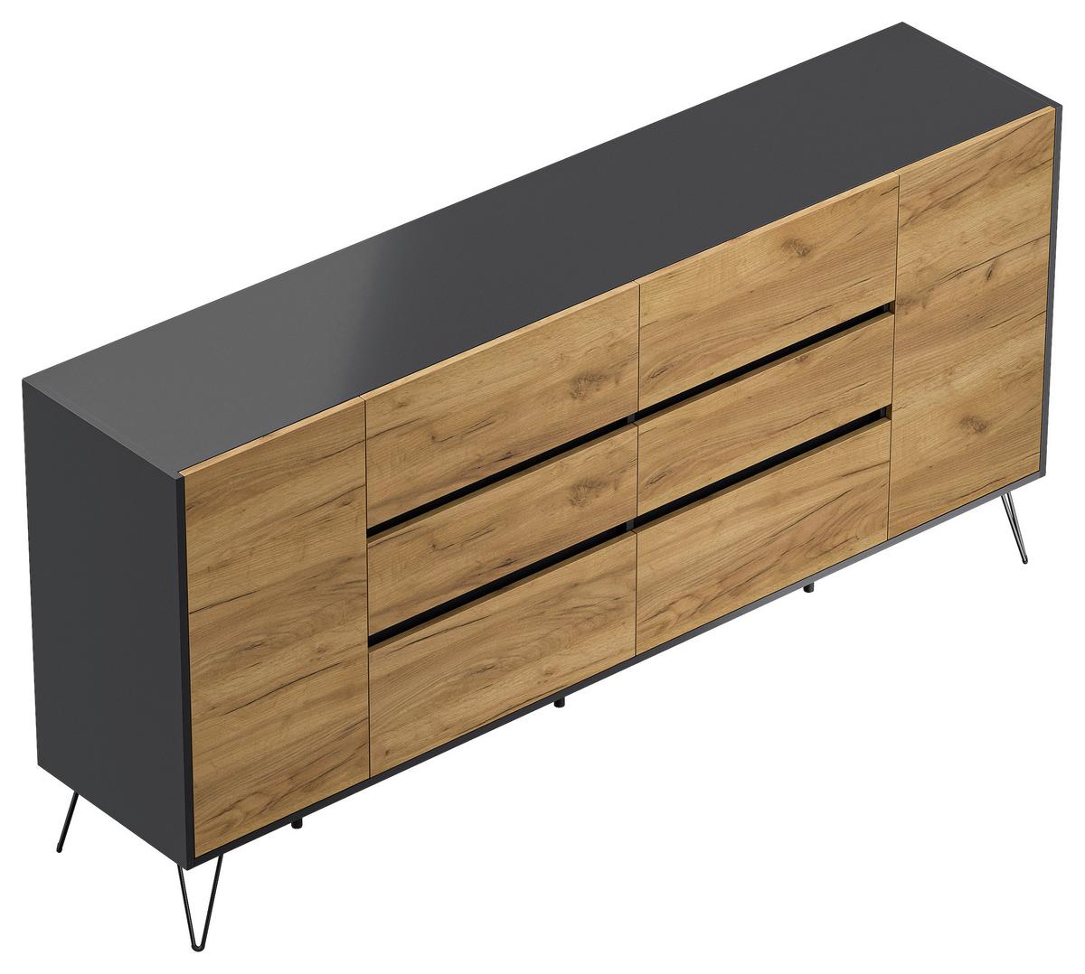 Sideboard Posseik Industrial Graphitfarben /eichef. B:199cm - Eichefarben/Schwarz, Design, Holzwerkstoff (199/93,6/42cm) - P & B