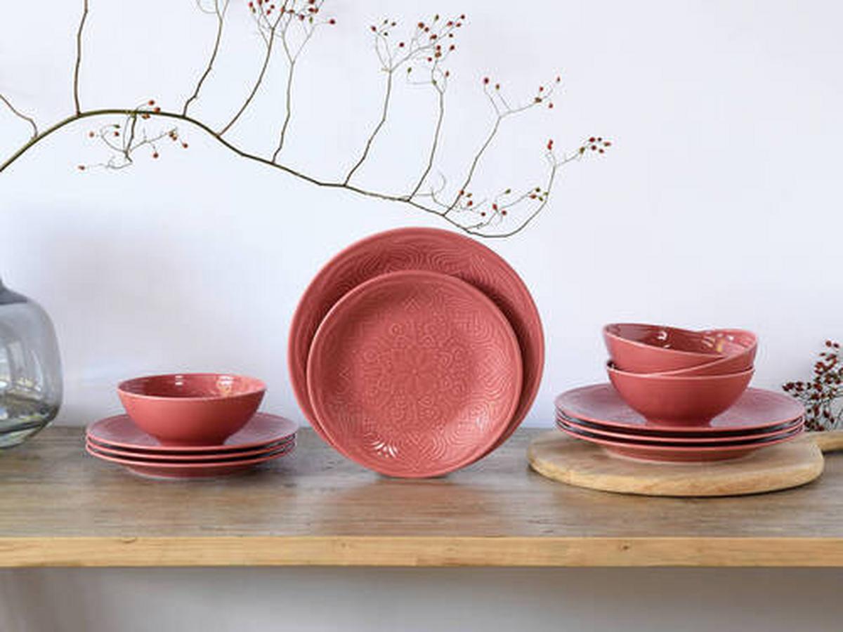 Jídelní souprava ORIENT MANDALA,12-dílná - tmavě růžová, Trend, keramika - Creatable