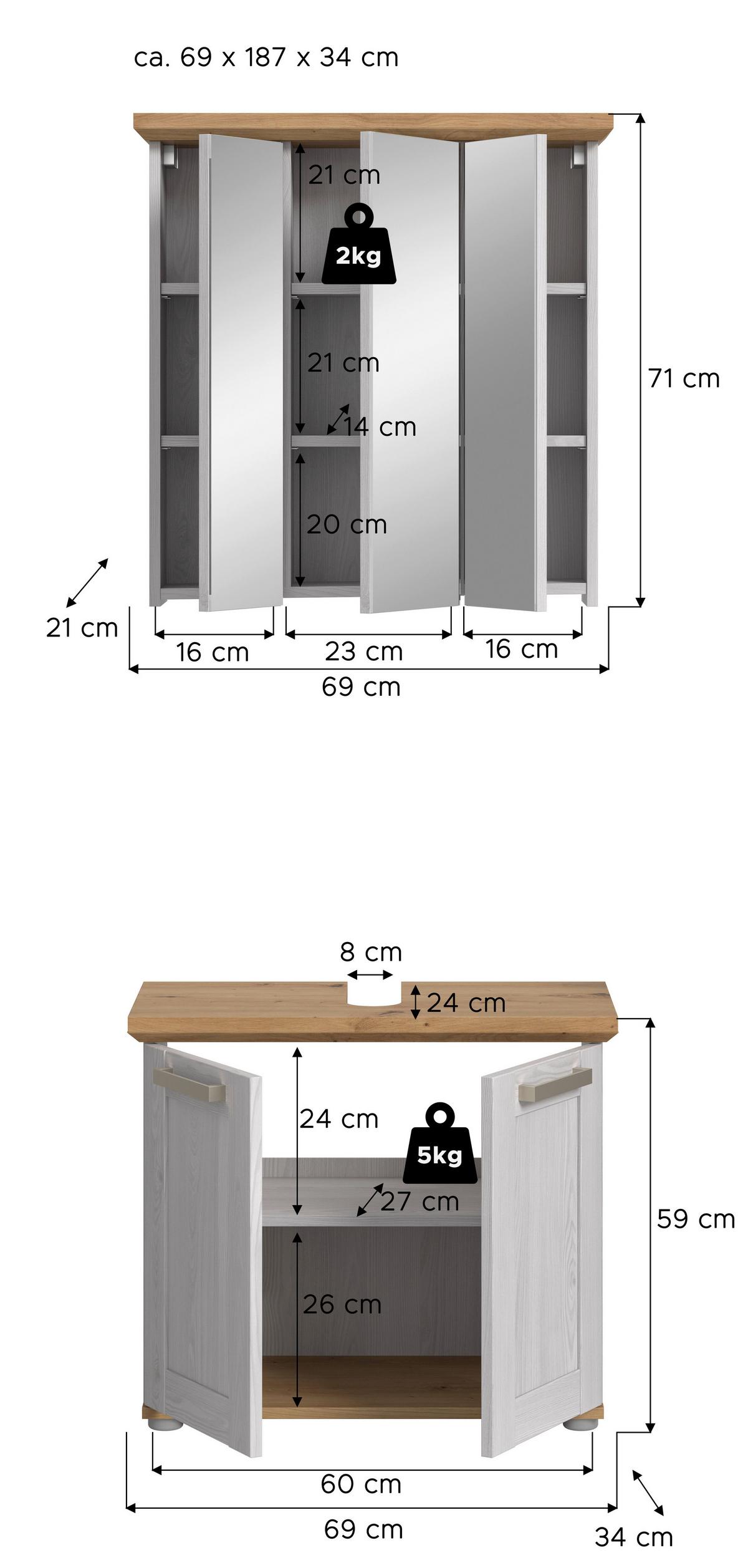 Badezimmer Verona Lärchefarben/Eiche D. B: 69cm - Silberfarben/Lärchefarben, Trend, Glas/Holzwerkstoff (69cm) - MID.YOU