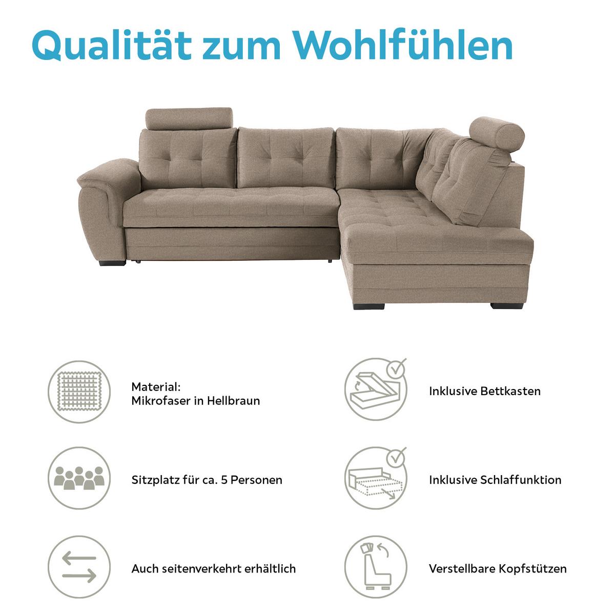 Ecksofa mit Schlaffunktion + Bettkasten Falco, Mikrofaser - Hellbraun/Dunkelbraun, KONVENTIONELL, Textil (251/183cm) - Ondega