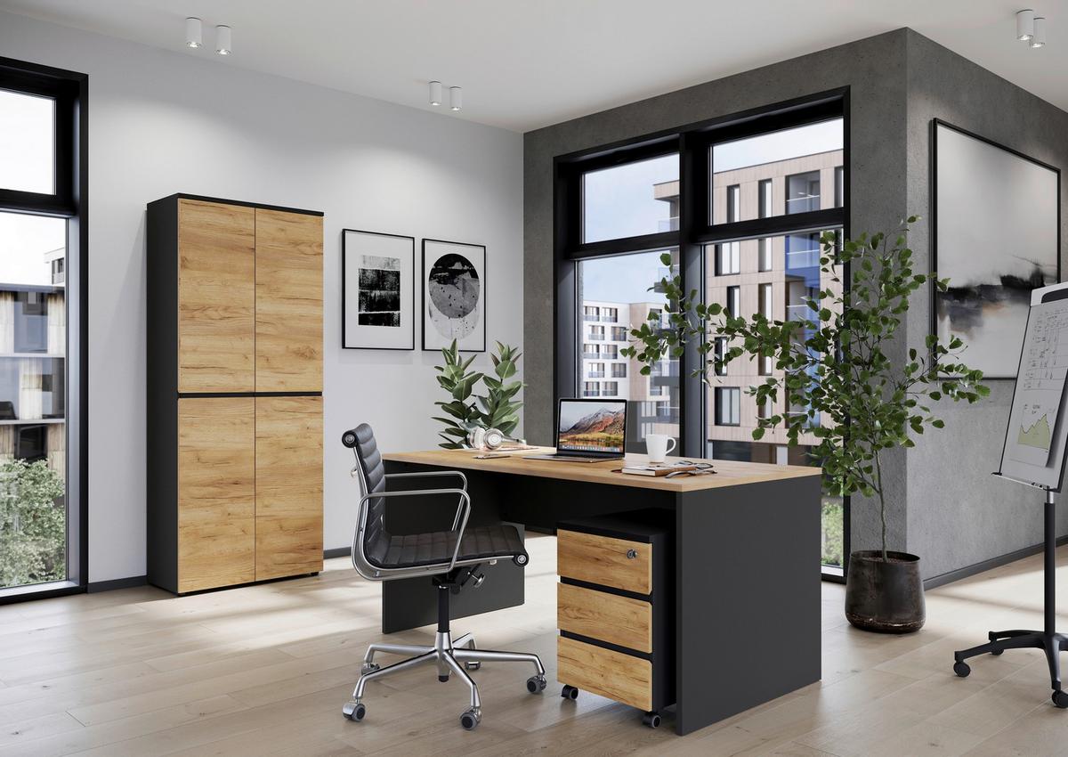 Rollcontainer Eiche Dekor Graphit Lissabon 41x60x50cm - Eichefarben/Graphitfarben, MODERN, Holzwerkstoff/Kunststoff (41/60/50cm) - Germania