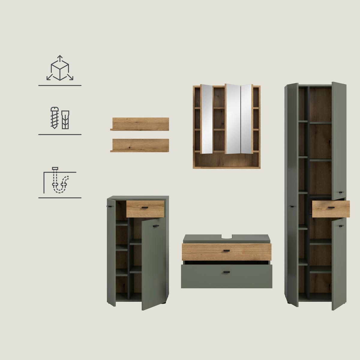 Badezimmer Aqua Grün/Eichefarben B: 177cm - Eichefarben/Schwarz, Trend, Glas/Holzwerkstoff (177cm) - MID.YOU