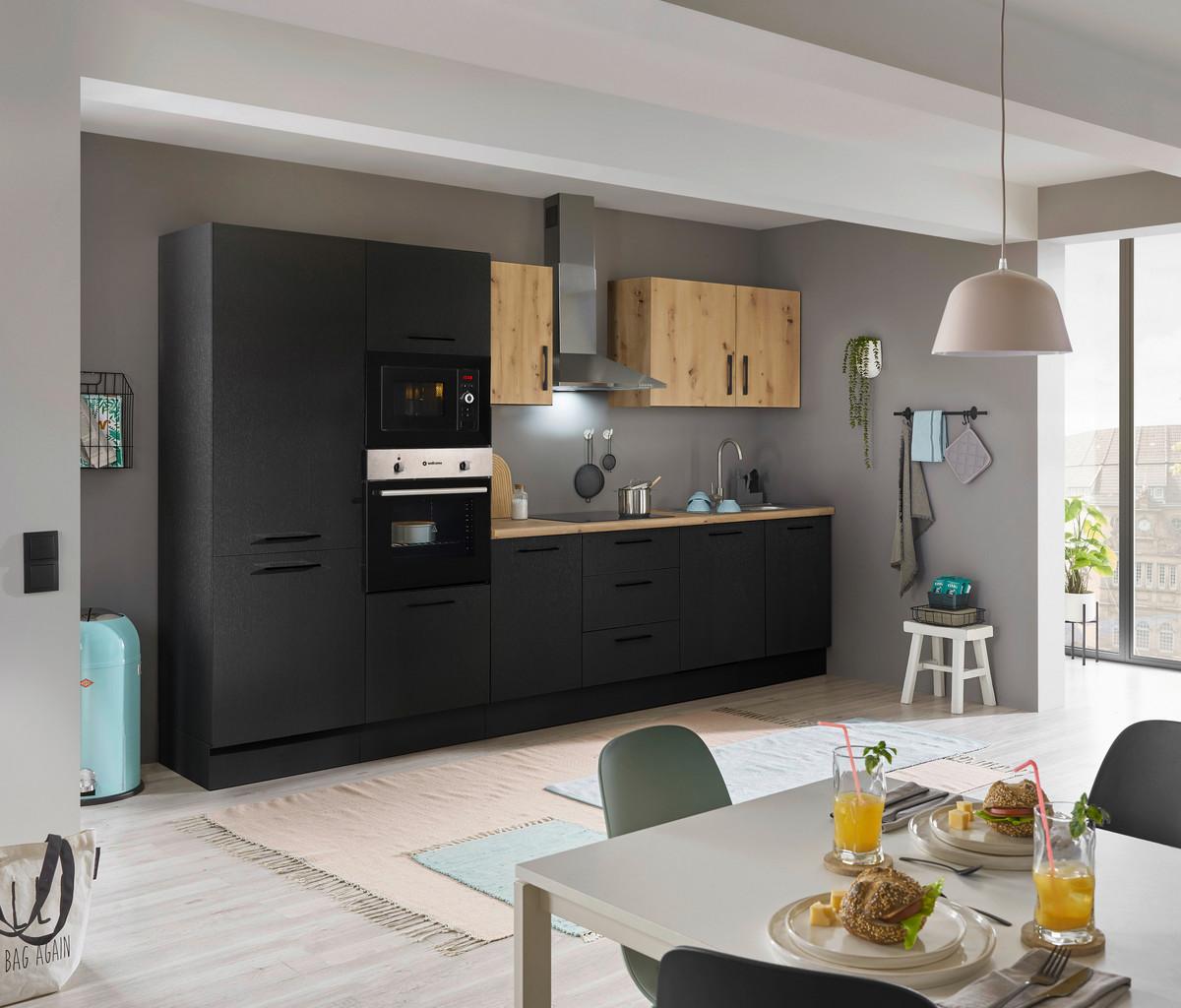 Küchenblock Turin Schwarz/eiche Dekor B: 340 Cm - Schwarz/Eiche Artisan, Basics, Holzwerkstoff (340cm) - MID.YOU