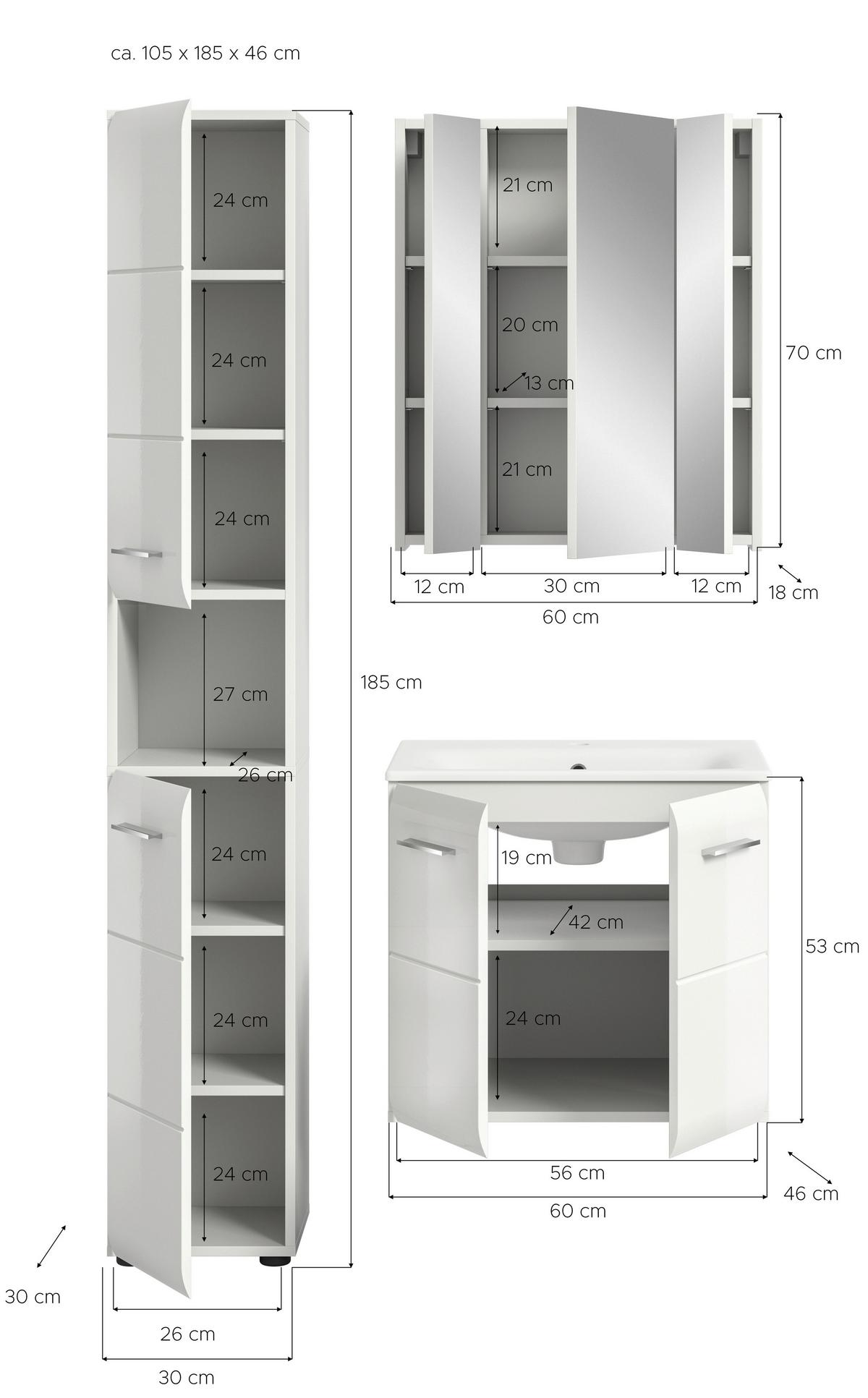 Badezimmer Ice Weiß/weiß Hg 3--Teilig - Weiß Hochglanz/Schwarz, MODERN, Keramik/Holzwerkstoff (90/185/46cm) - MID.YOU