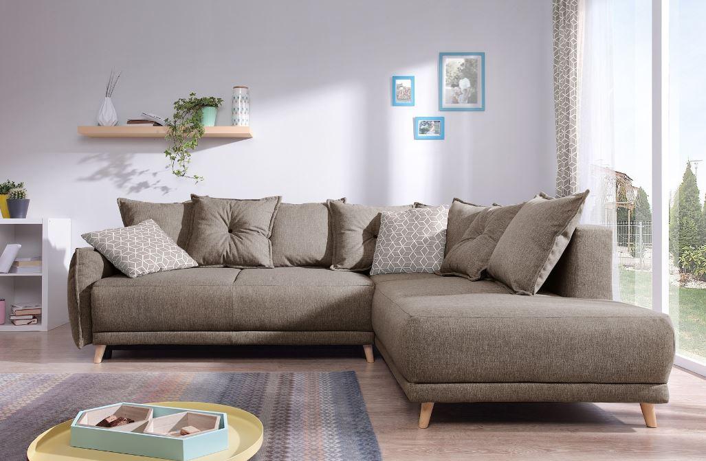Ecksofa mit Schlaffunktion und Bettkasten Lazy Lukka Webstoff - Hellbraun/Beige, Basics, Textil (235/190cm) - MID.YOU