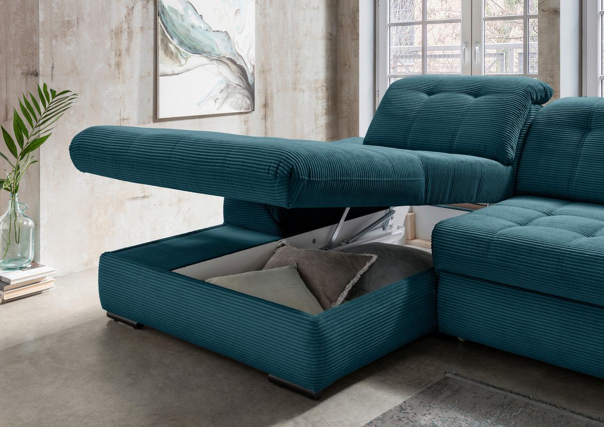 Ecksofa mit Bettkasten Rigatti Petrol S: 184x314 cm - Petrol/Schwarz, MODERN, Textil (184/314cm) - Livetastic