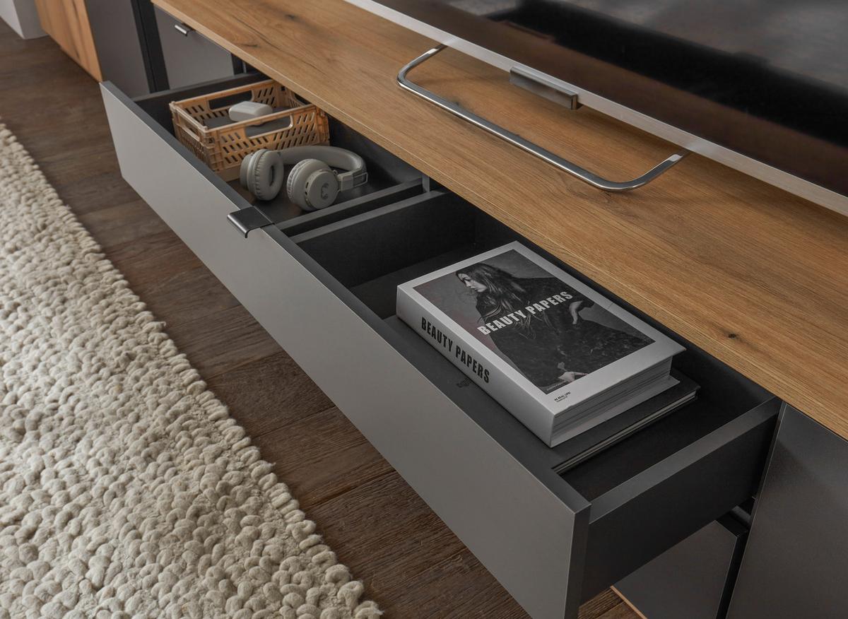 TV-Lowboard Vince II B: 185 cm Anthrazit/Evoke Oak Dekor - Eichefarben/Anthrazit, Trend, Holzwerkstoff (185/47/38cm) - Livetastic
