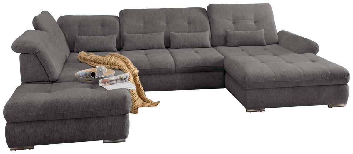 Wohnlandschaft Dalida Mit Schlaffunktion Braun/Grau - Chromfarben/Braun, Design, Textil (254/376/195cm) - Livetastic