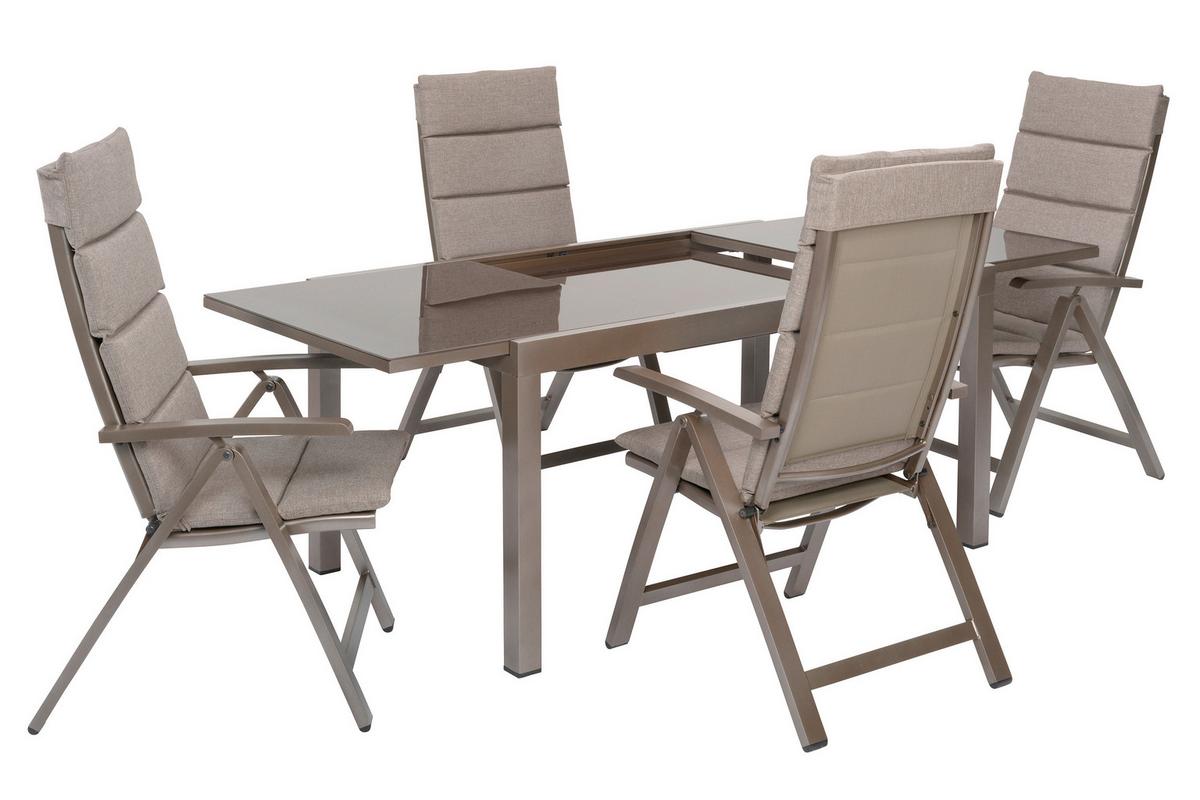 Gartentischgruppe Tinetto 5-Tlg. Aus Aluminium +auflagen - Taupe/Braun, KONVENTIONELL, Glas/Textil - Gardenson