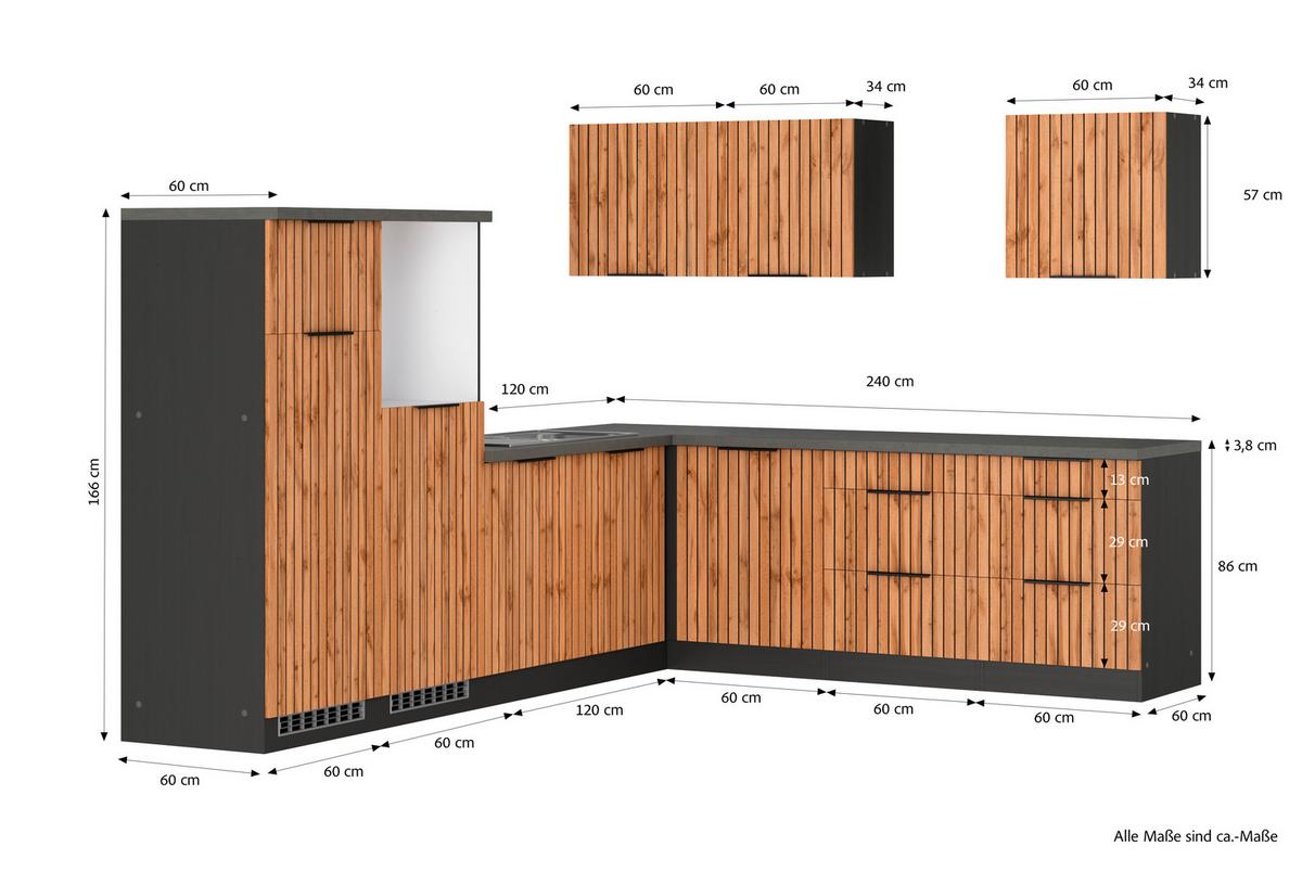 Eckküche Liverpool Graphit/ Eiche Dekor S: 300x240 Cm - Schieferfarben/Eiche Wotan, Basics, Holzwerkstoff (300/240cm) - Held