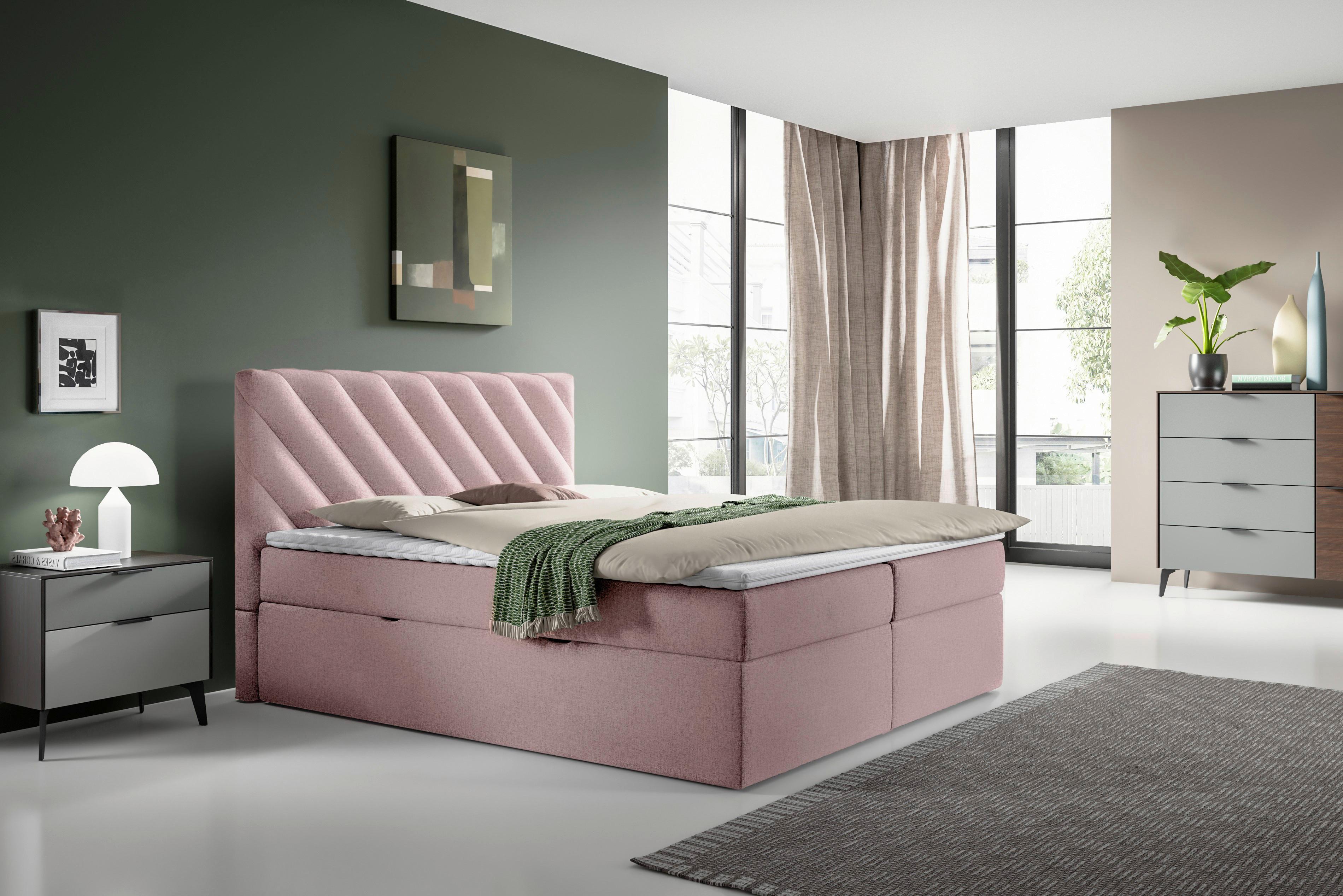 Boxspringbett mit Topper & Bettkasten 140x200 cm Gusto - Schwarz/Rosa, MODERN, Textil (140/200cm) - MID.YOU