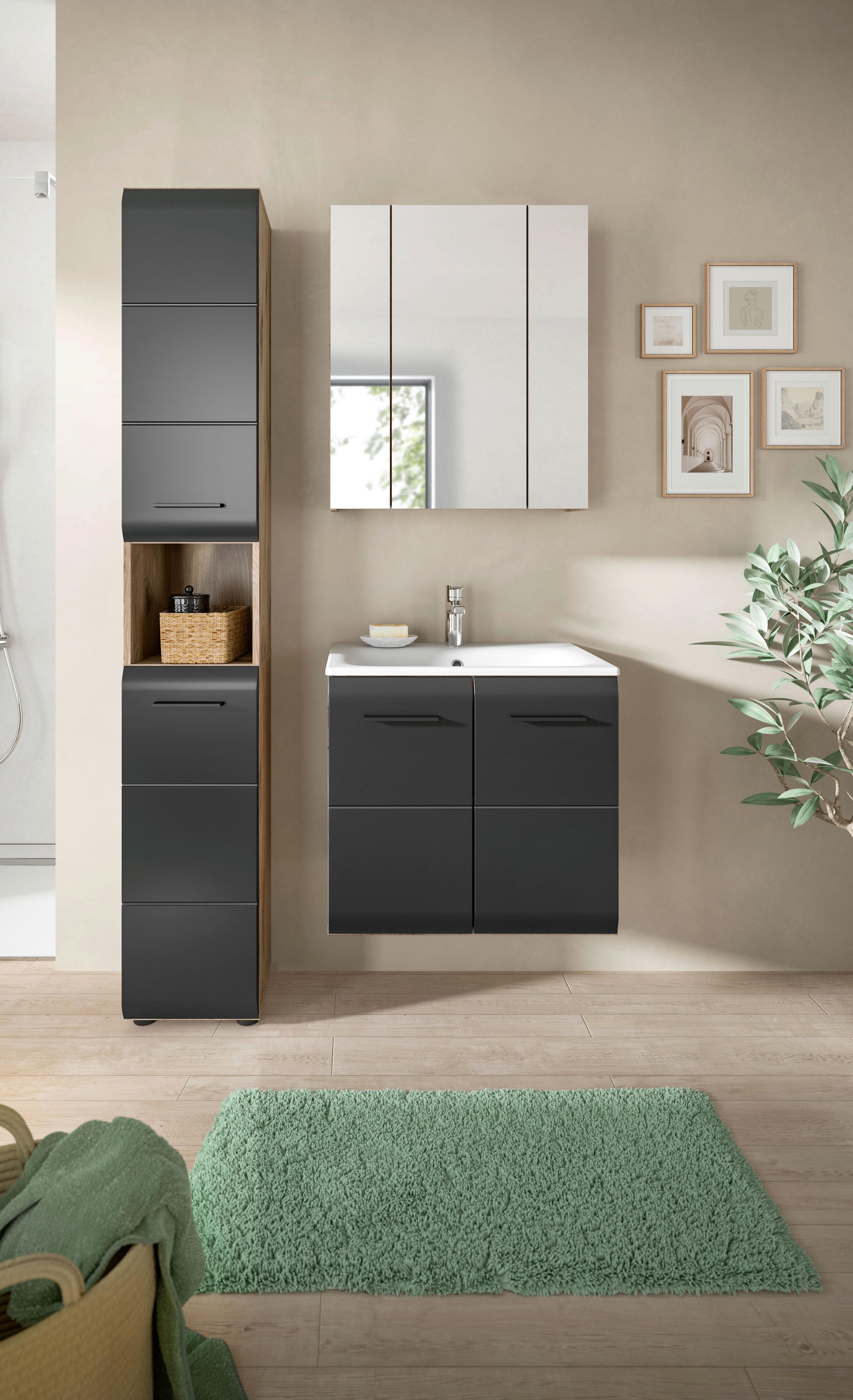 Koupelna Ice 3-dílna, černá/Dub tmavý - černá/tmavý dub, Basics, kompozitní dřevo/plast (90cm) - MID.YOU