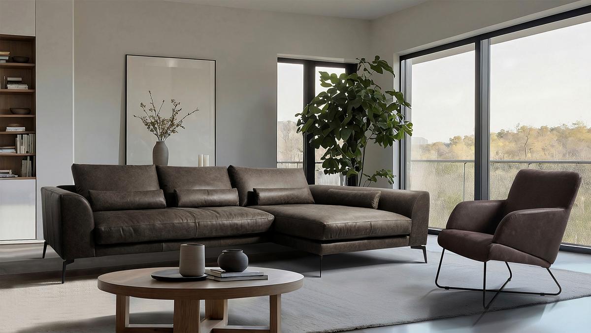 Ecksofa Berlin Fango S: 313 cm - Fango/Schwarz, Design, Leder (313/172cm) - Livetastic