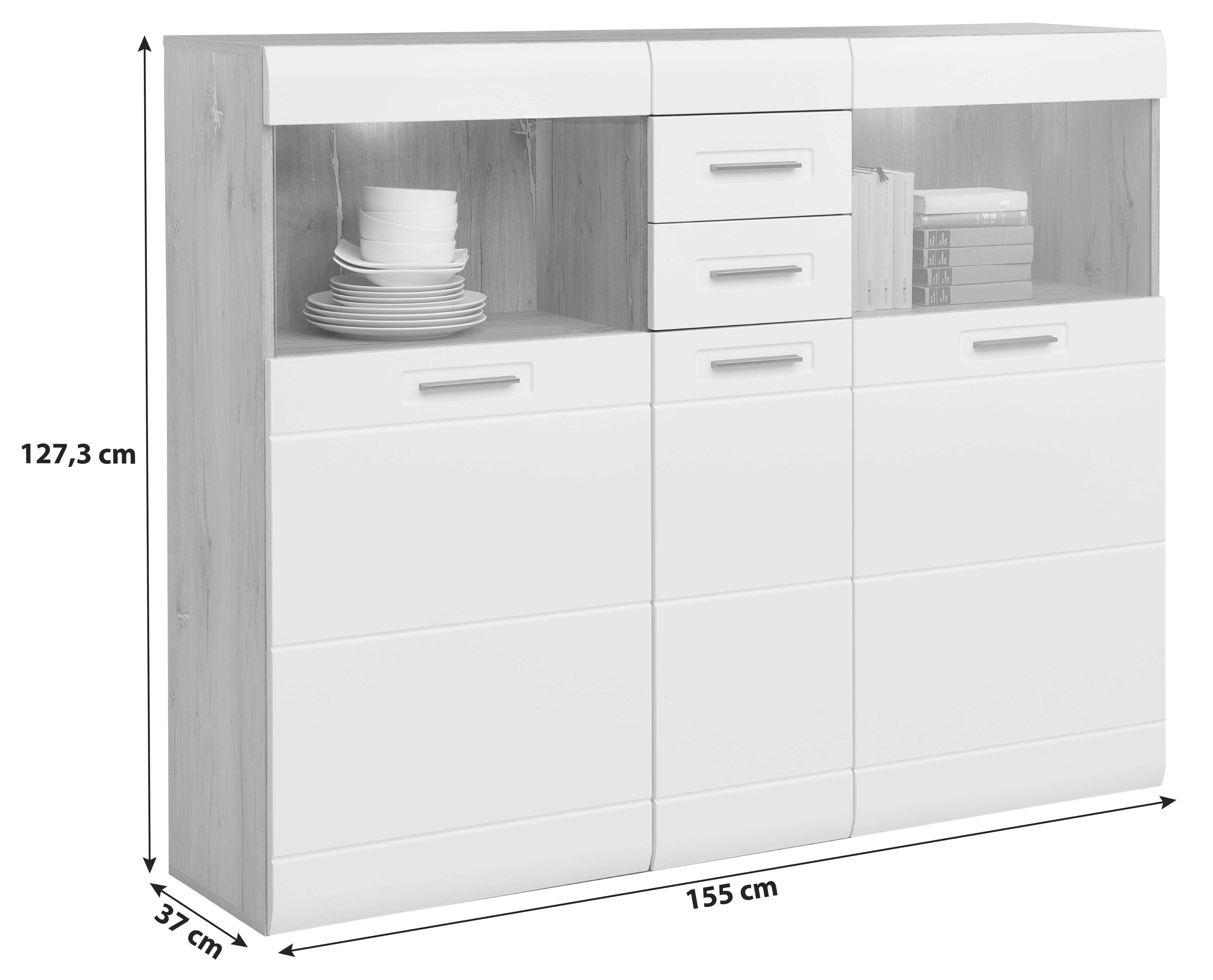 Highboard Mit Glaselementen B: 154,9 Auris, Weiß/eiche Dekor - MODERN, Glas/Holzwerkstoff (154,9/127,3/37,1cm) - Luca Bessoni