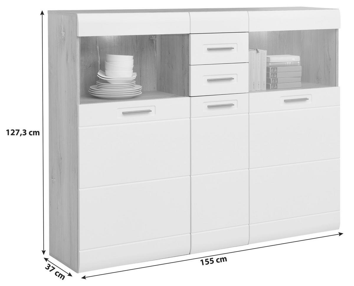 Highboard Mit Glaselementen B: 154,9 Auris, Weiß/eiche Dekor - MODERN, Glas/Holzwerkstoff (154,9/127,3/37,1cm) - Luca Bessoni