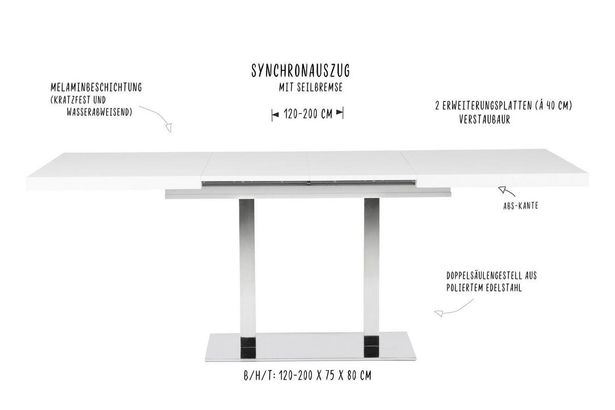 Kihúzható Étkezőasztal Quadrato - nemesacél/fehér, Modern, faalapú anyag/fém (120/80/75cm)