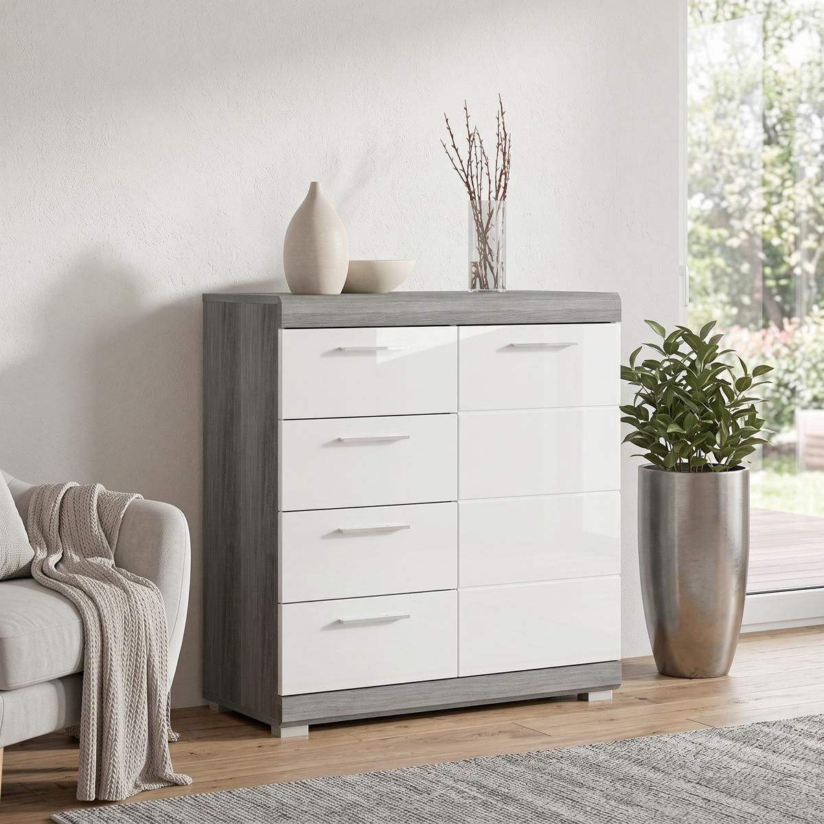 Komoda, š: 80 cm - biela s vysokým leskom/chrómová, Design, kompozitné drevo/plast (80/85/37cm) - MID.YOU