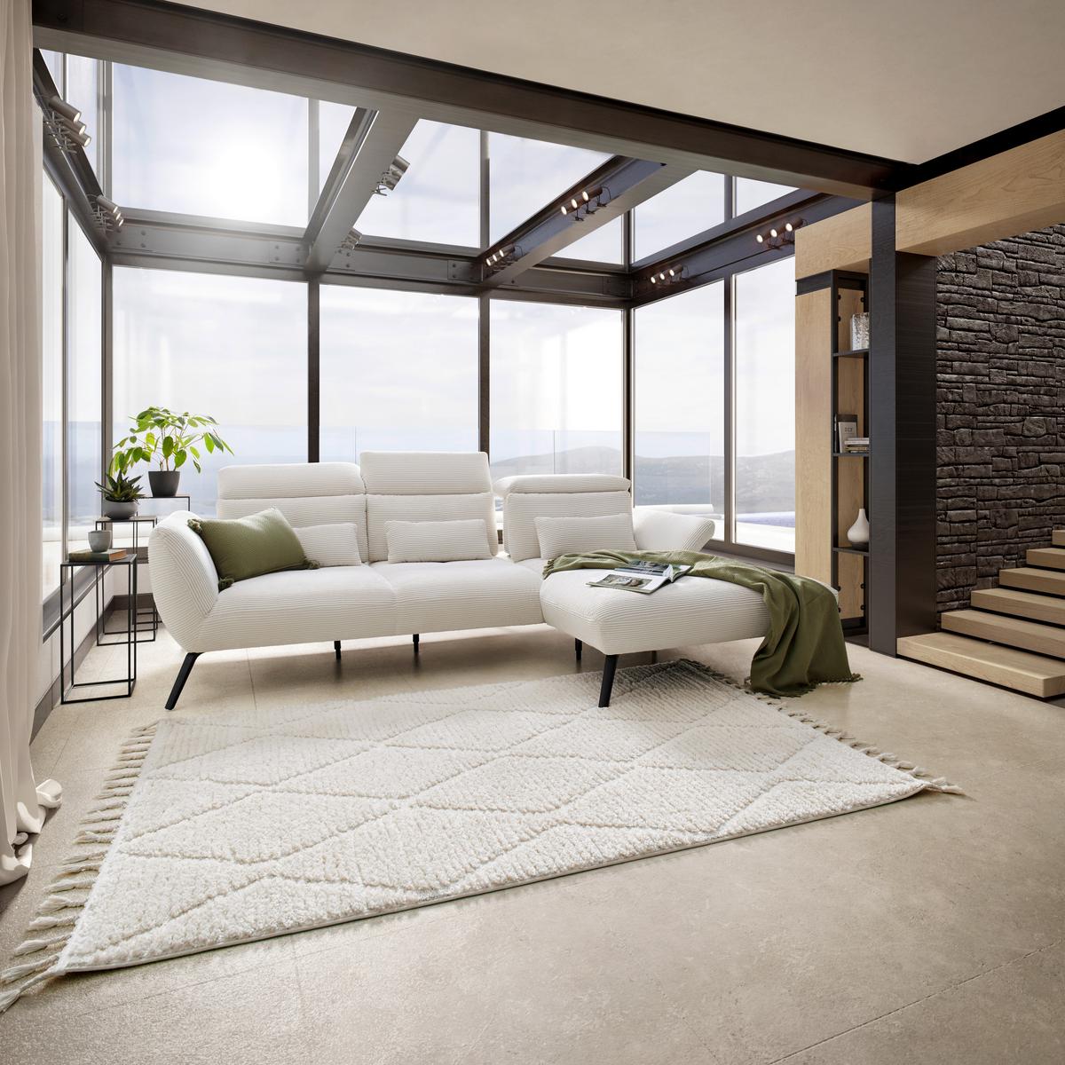 Sedačka SEATTLE, pravá, bílý manšestr, bez polštářů - bílá/černá, Moderní, kov/kompozitní dřevo (301/196cm) - Premium Living
