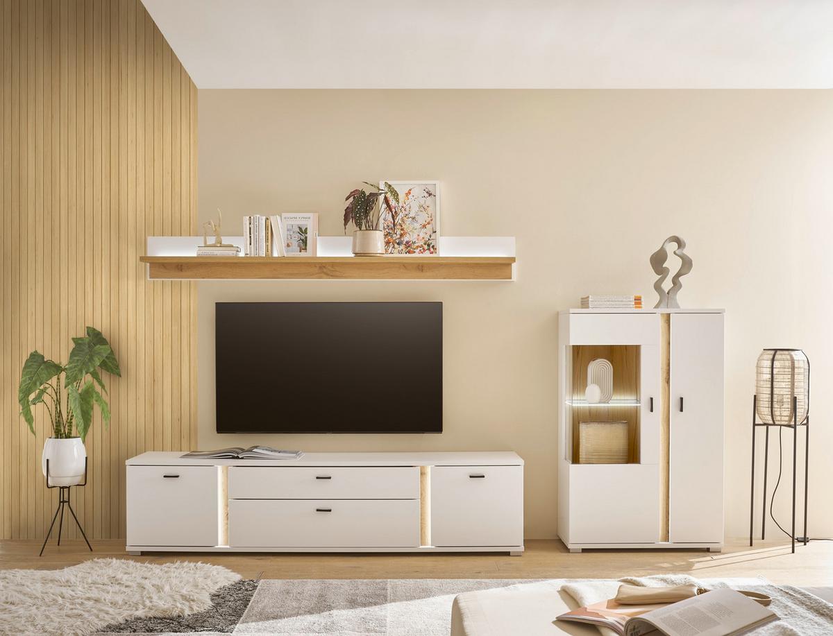 Wohnwand Long Island Weiß/Eiche Wotan B: 290cm - Silberfarben/Eiche Wotan, Design, Glas/Holzwerkstoff (290/170/42cm) - MID.YOU