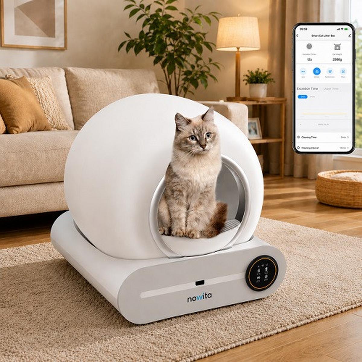 Selbstreinigende Katzen- toilette, mit WI-FI, 65 L - Weiß, Basics, Kunststoff (48/50,5/52cm)