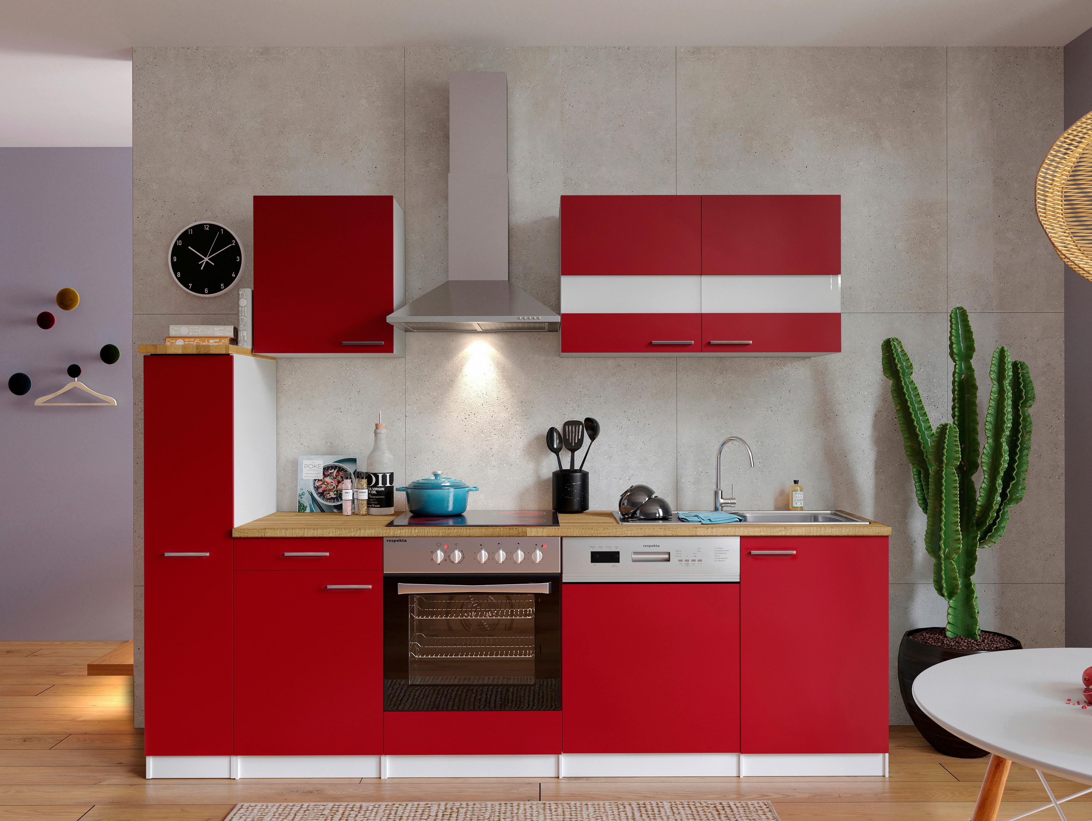 Küchenzeile Economy mit Geräten 250 cm Rot/Nussbaum Dekor - Rot/Nussbaumfarben, Basics, Holzwerkstoff (250cm) - Respekta