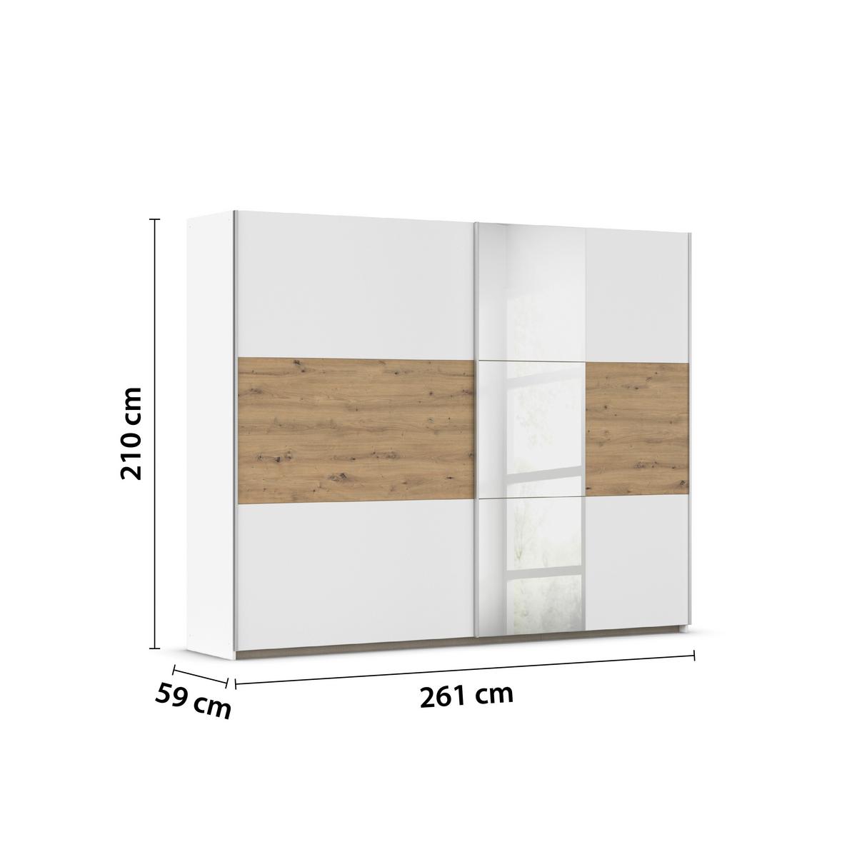 Schwebetürenschrank Mit Spiegel 261cm, Weiß/Eiche - Weiß/Eiche Artisan, KONVENTIONELL, Holzwerkstoff (261cm)
