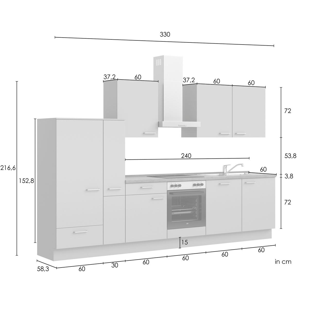 Kuchynská linka 330 cm, betónová sivá - sivá/farba ušľachtilej ocele, Modern, kov/kompozitné drevo (330cm) - Nobilia