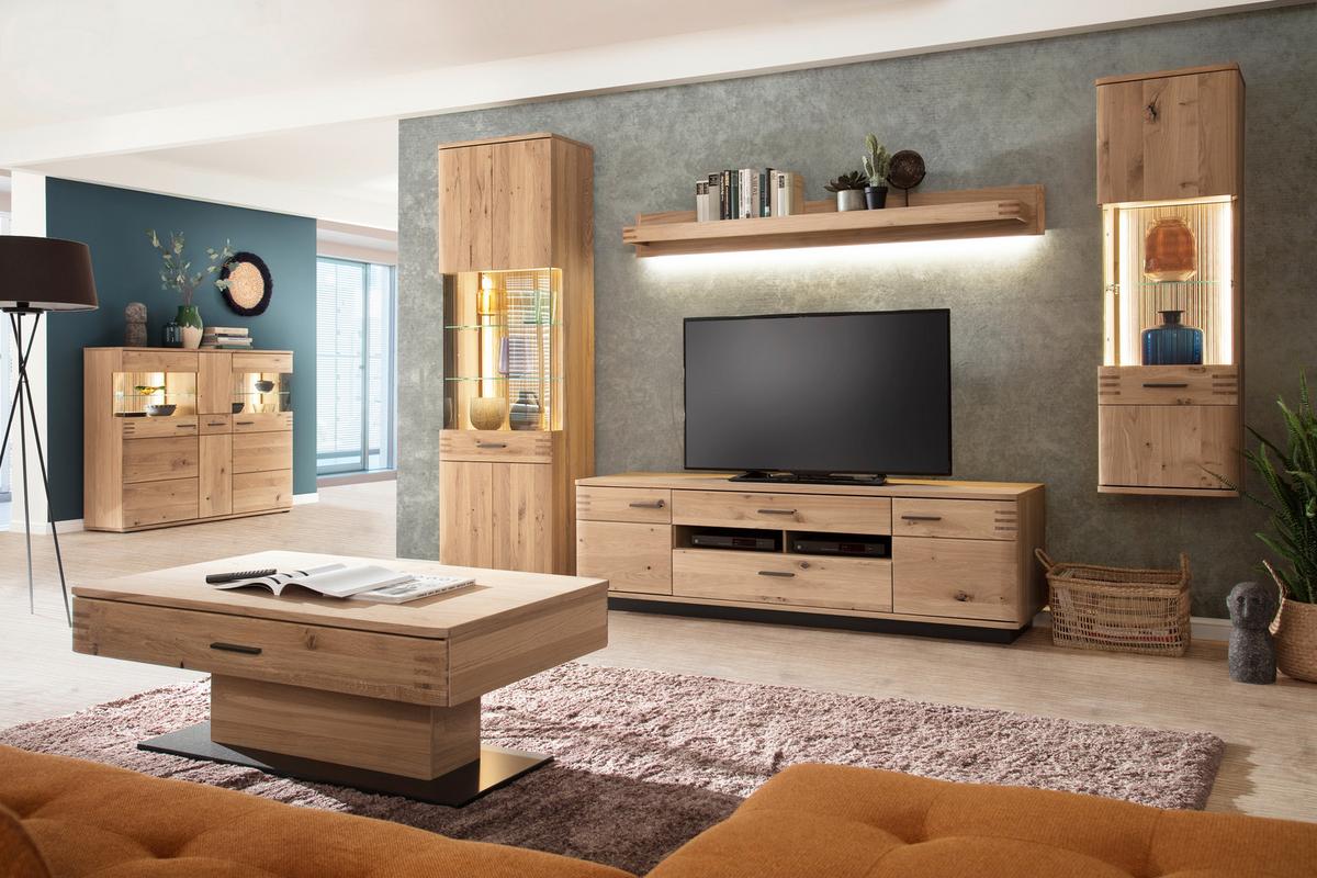 Wohnkombination teilmassiv 4--teilig. Salvador Eichefarben - Eichefarben/Schwarz, Design, Glas/Holz (305/208/50cm) - Livetastic