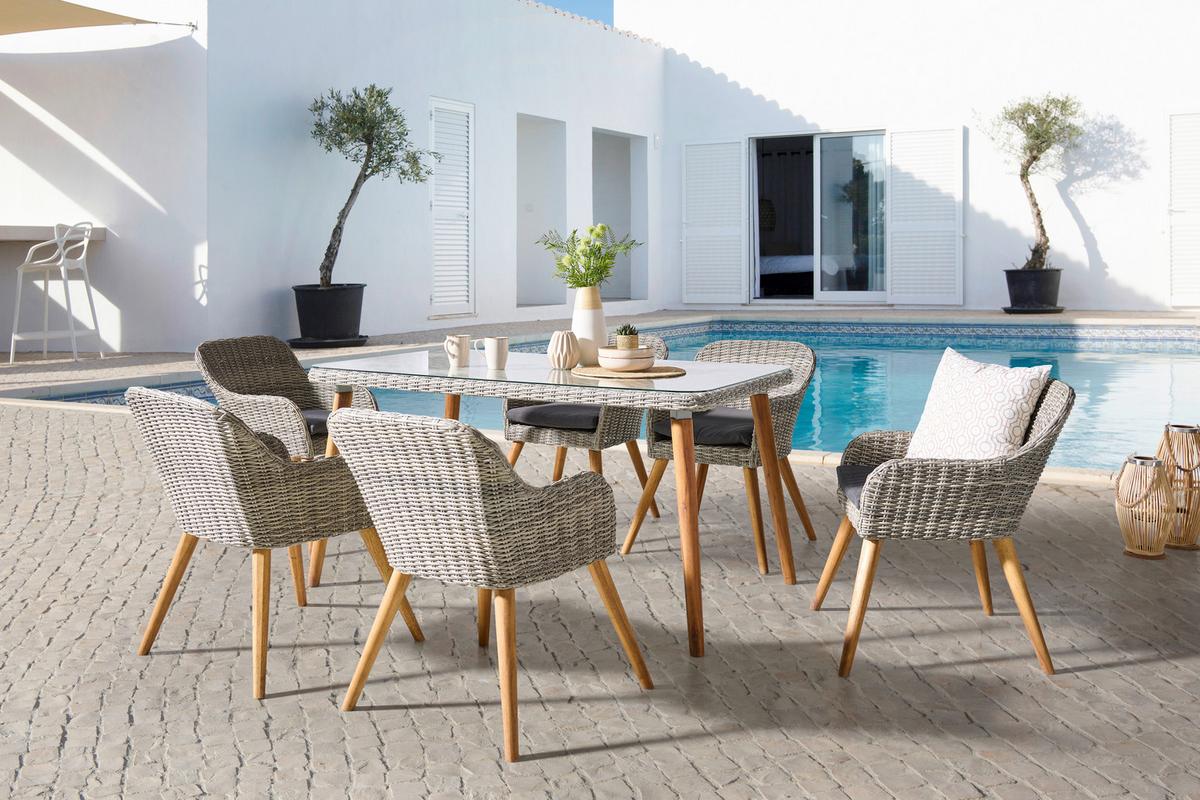 Kerti Étkezőgarnitúra Oslo - akáciaszínű/szürke, Modern, műanyag/textil - Beldano