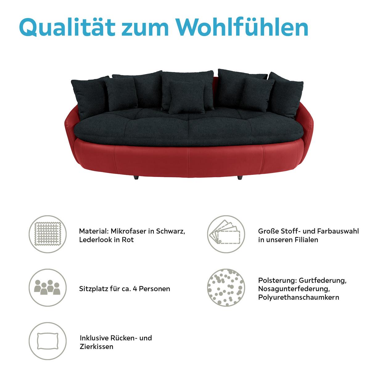 Big Sofa Aruba mit Kissen Schwarz/Rot Lederlook - Rot/Schwarz, LIFESTYLE, Textil (238/80/140cm)