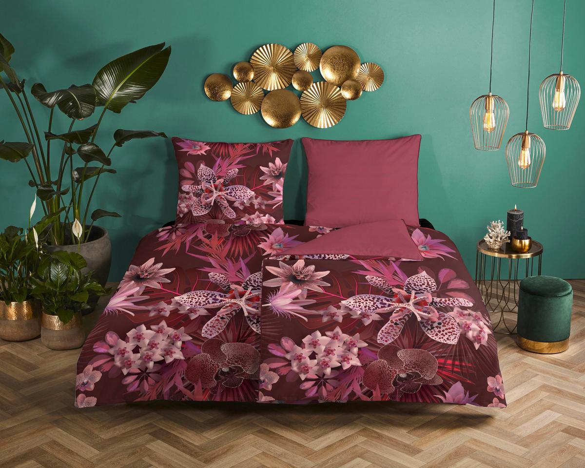 Wendebettwäsche 140x200 cm Farze Descanso Bordeaux Blume - Bordeaux, Basics, Textil (140/200cm)