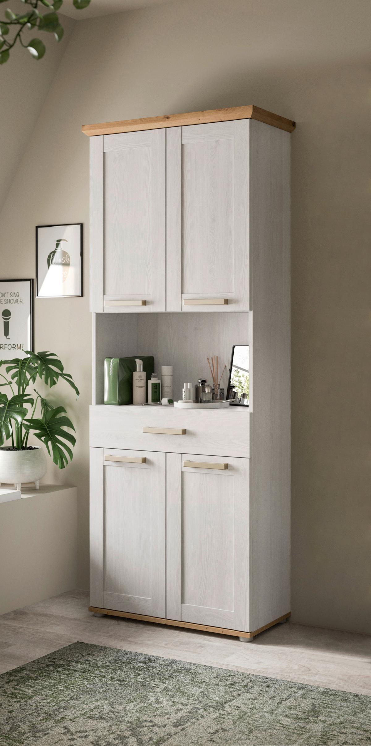 Hochschrank Verona Eiche Dekor /Lärchefarben B: 74cm - Silberfarben/Lärchefarben, Trend, Holzwerkstoff (74/187/34cm) - MID.YOU