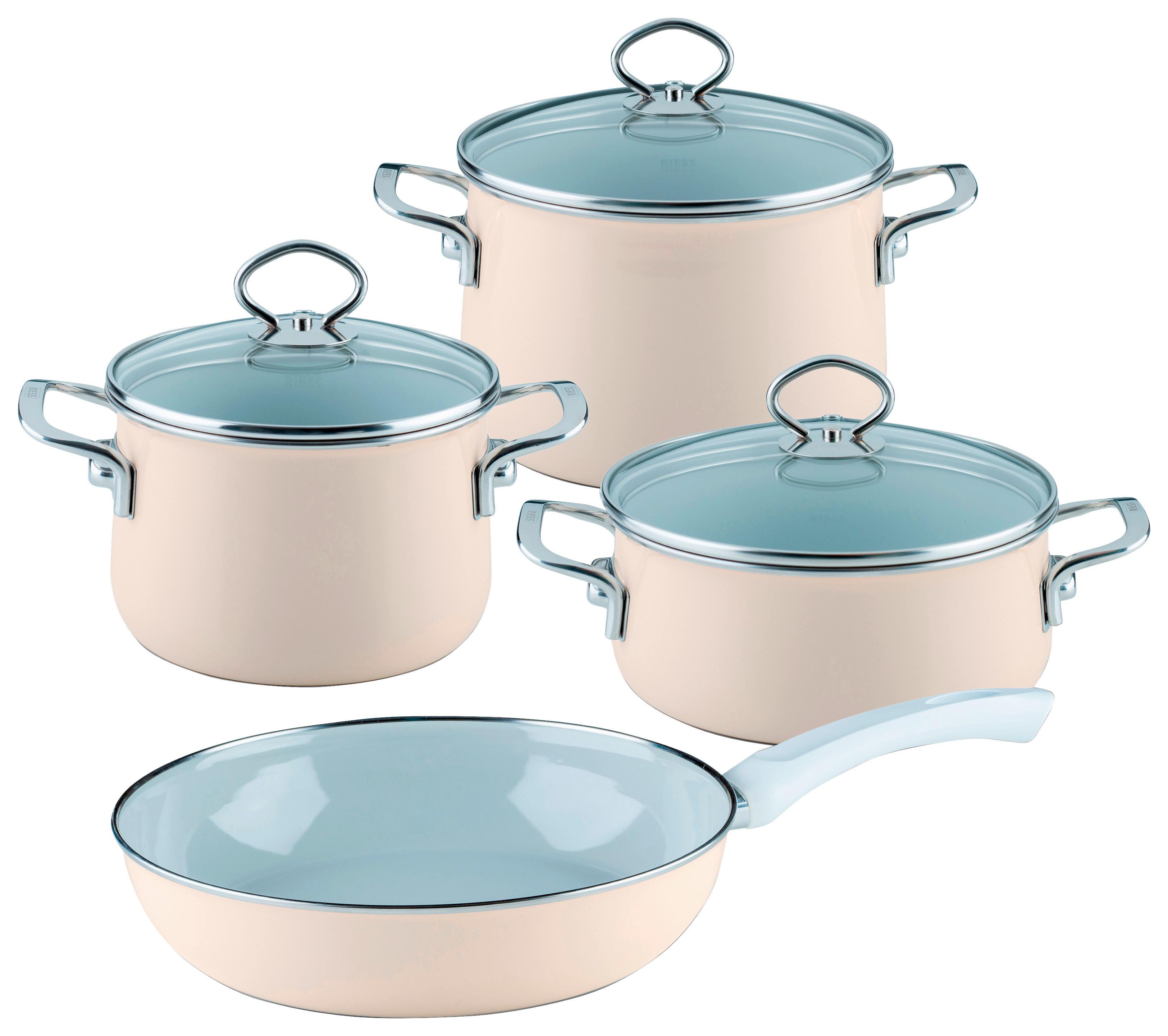 Kochtopfset Avorio 7-Tlg. Emaill Inkl. Pfanne - Beige, Basics, Glas/Metall (48,5/28,5/24cm) - Riess