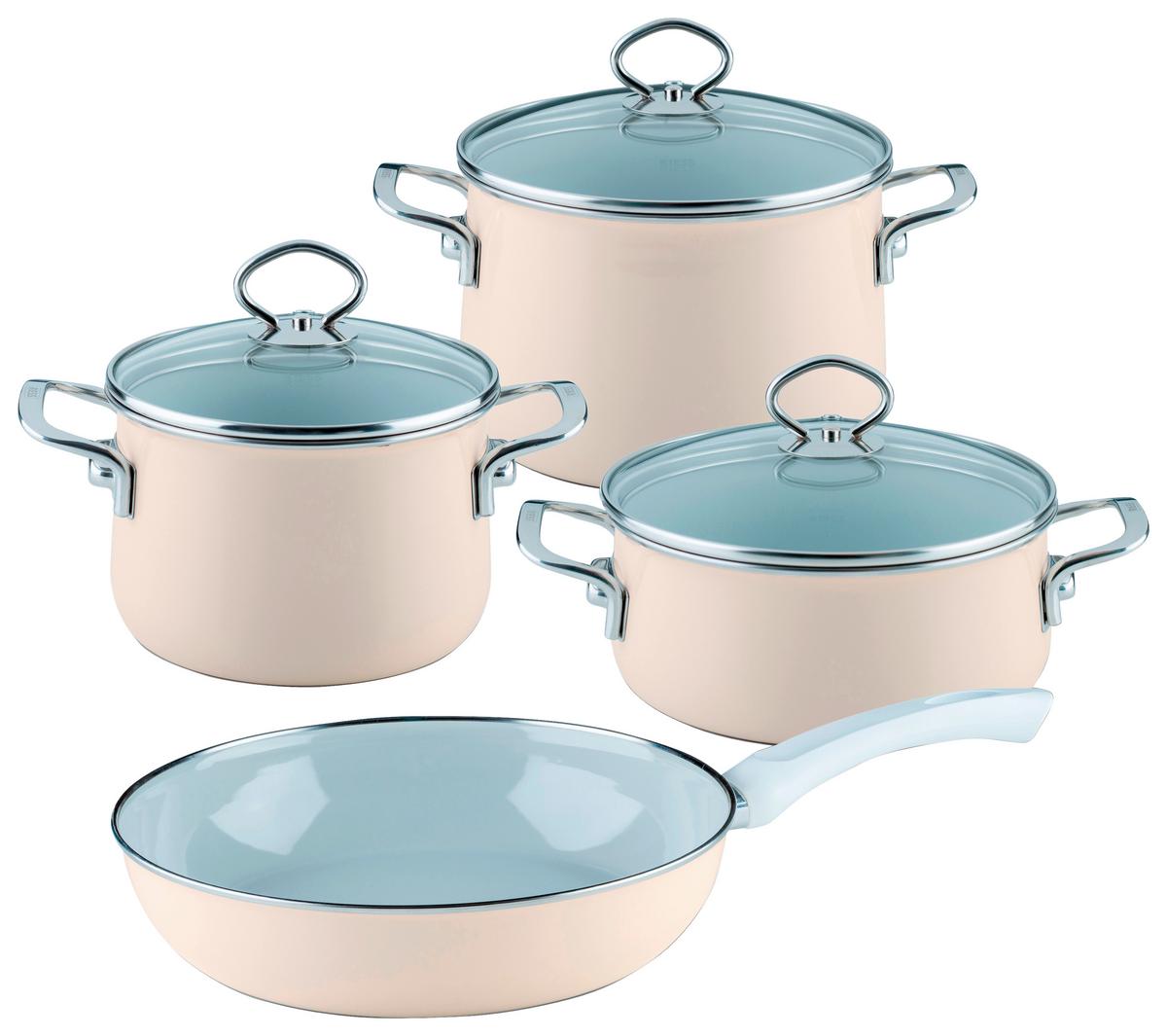 Kochtopfset Avorio 7-Tlg. Emaill Inkl. Pfanne - Beige, Basics, Glas/Metall (48,5/28,5/24cm) - Riess