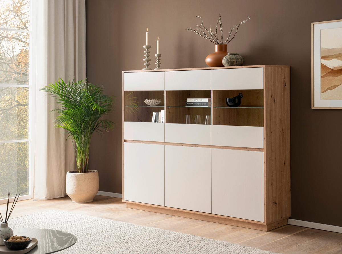Highboard Sonora Kashmir/Eiche B: 164cm - Kaschmir/Eiche Artisan, Design, Glas/Holzwerkstoff (164/138/40cm) - MID.YOU
