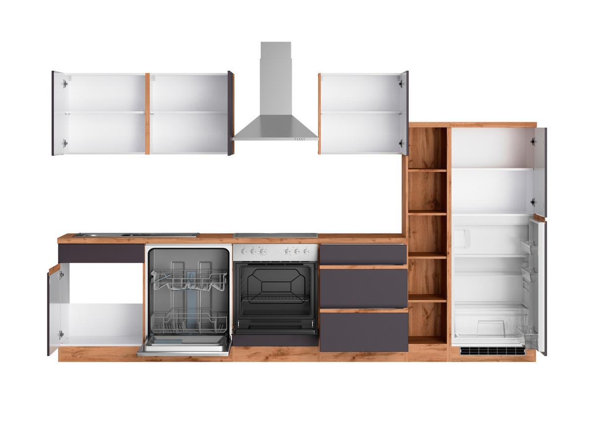 Küchenzeile Turin mit Geräte B: 330cm Grau/Wotaneiche Dekor - Eiche Wotan/Grau, Design, Holzwerkstoff (330cm) - Held