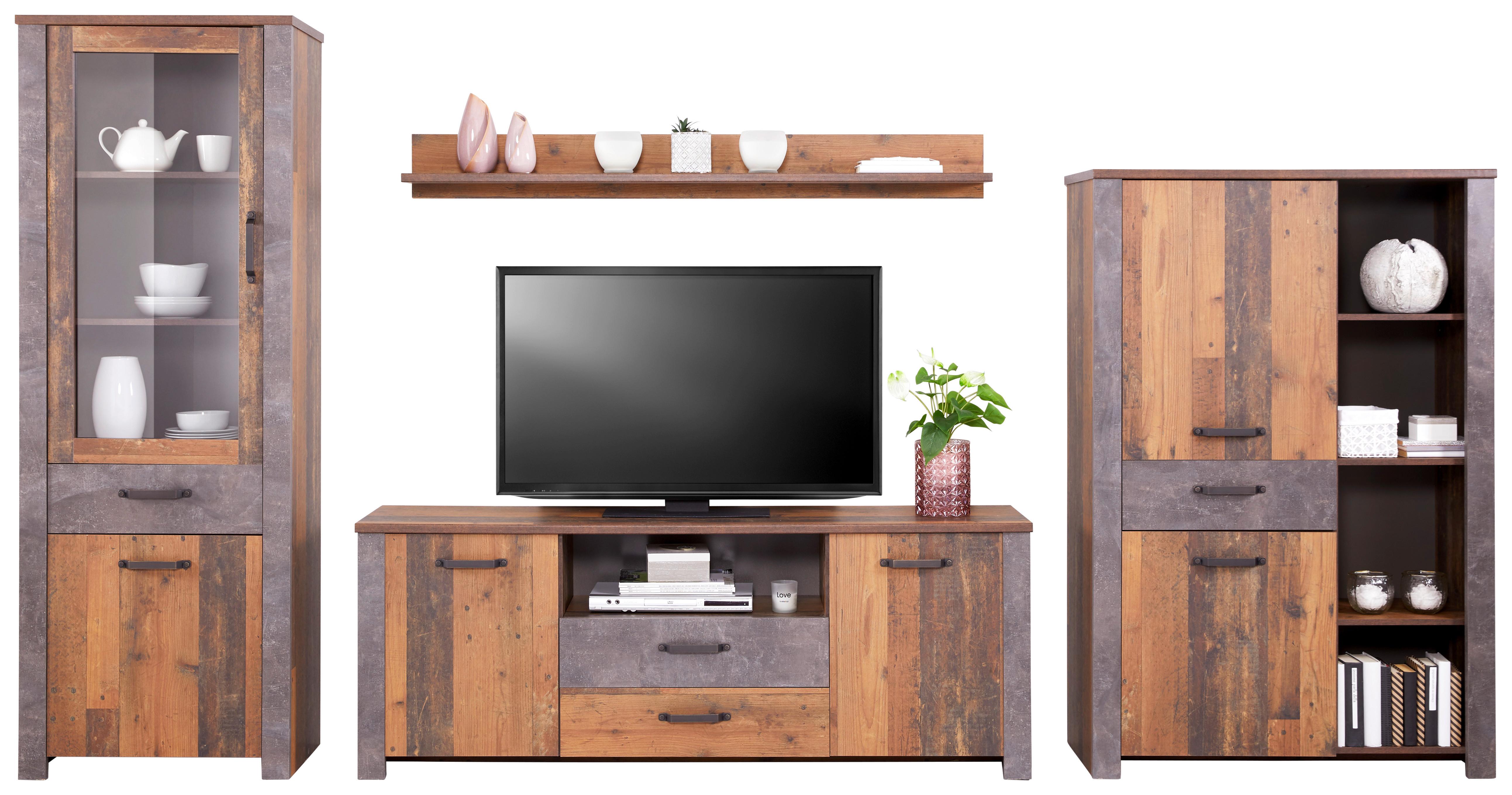 Wohnkombination 4 Tlg. Ontario, Old Style/betonoptik - Eichefarben/Dunkelgrau, Trend, Glas/Holzwerkstoff (352,4/200/41,5cm) - Ondega