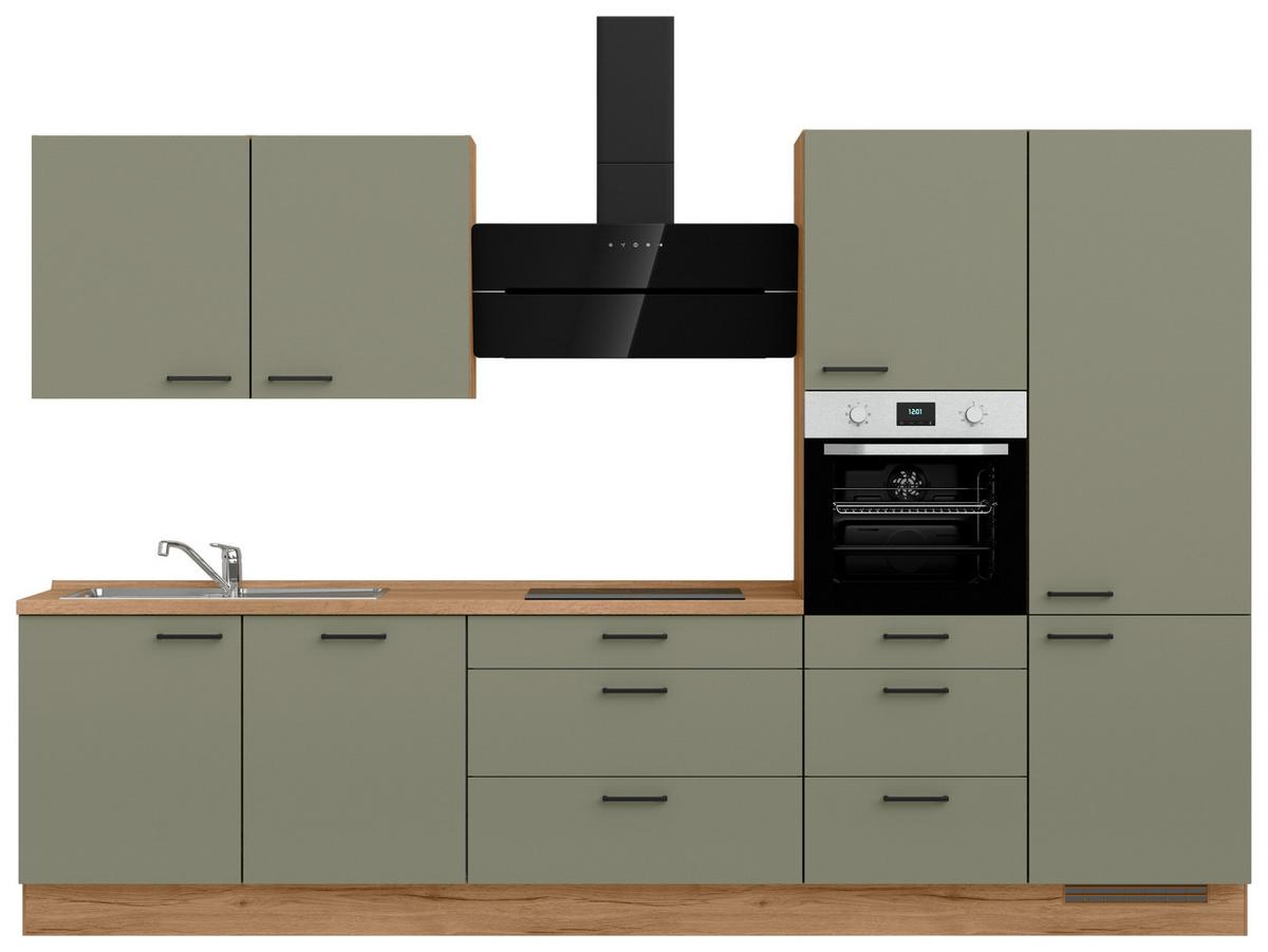 Kuchyňská linka 330 cm, olivově zelená - barvy dubu/černá, Romantický / Rustikální, kov/kompozitní dřevo (330cm) - Nobilia