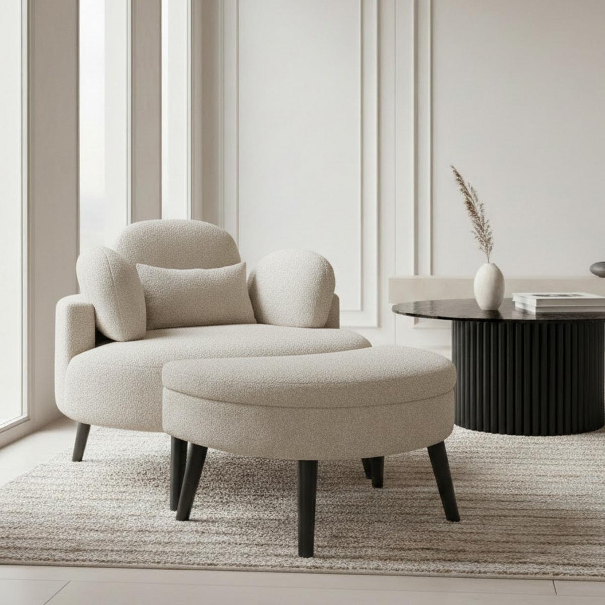 Kreslo s taburetkou BIANCA, sivá ženilka, max. 150 kg - sivá/prírodná farba, Modern, drevo/textil (111/69/152cm) - Bessagi Home