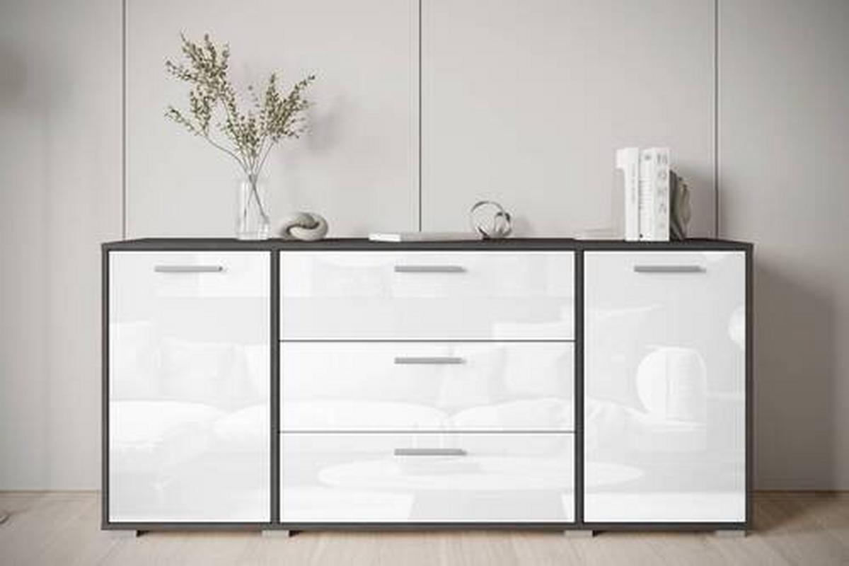 Široká komoda BOGOTA bílá VL/antracit - šedá/antracitová, Basics, kompozitní dřevo/plast (150/68/40cm) - MID.YOU