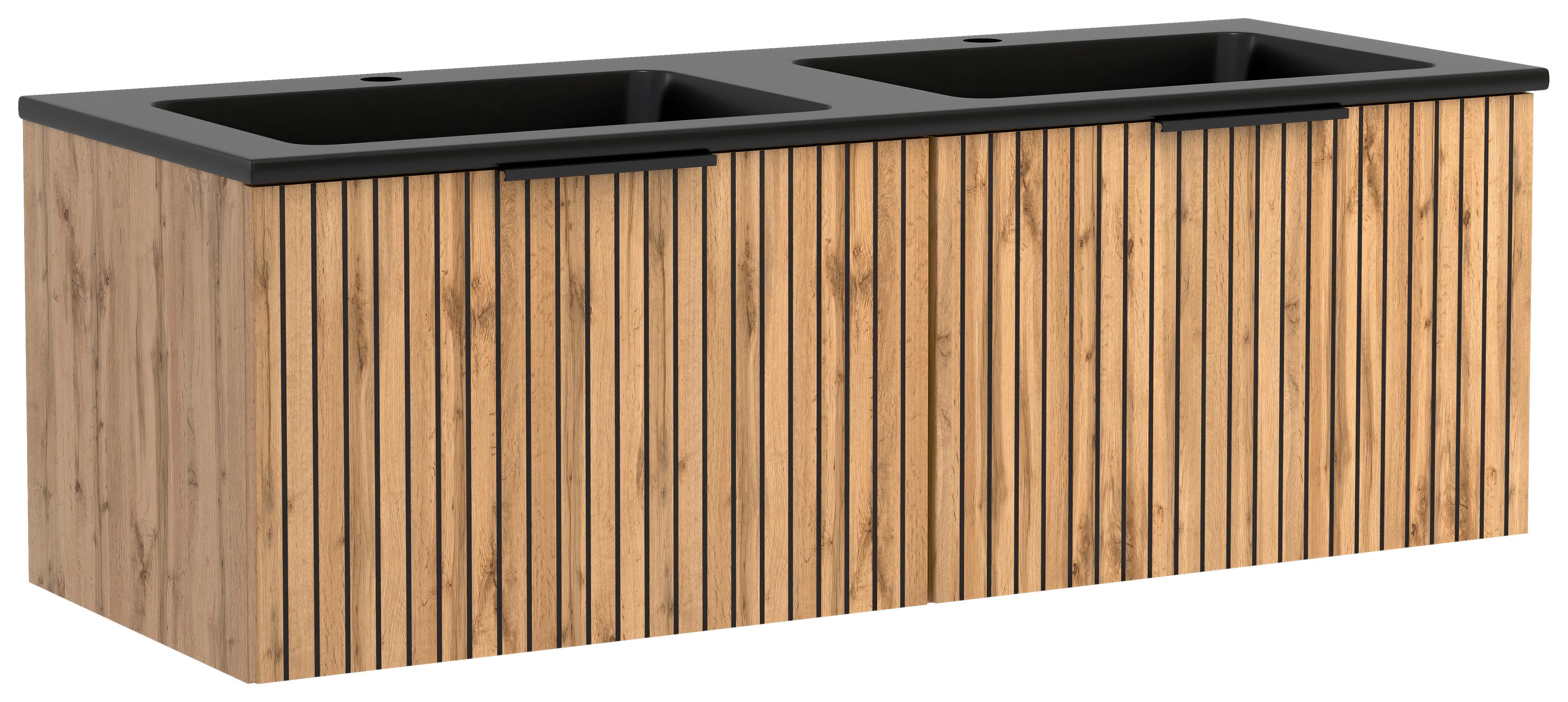 Waschbecken mit Unterschrank Chester B: 120 cm - Eiche Wotan/Schwarz, MODERN, Holzwerkstoff/Stein (120cm) - Held
