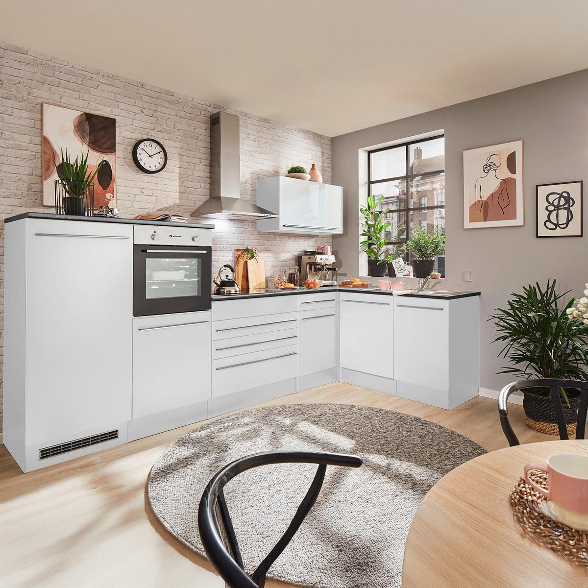 Eckküche Jazz 4 Weiß mit E-Geräten - Weiß Hochglanz/Anthrazit, Basics, Holzwerkstoff (320/175cm) - MID.YOU