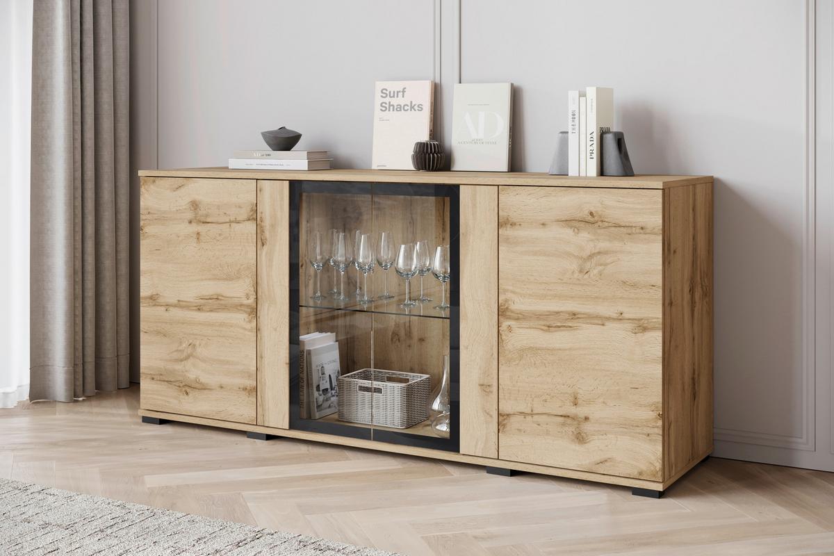 Kommode Caro Eiche Wotan B: 150 cm - Eiche Wotan/Schwarz, Design, Glas/Holzwerkstoff (150/69,7/39,5cm) - Livetastic