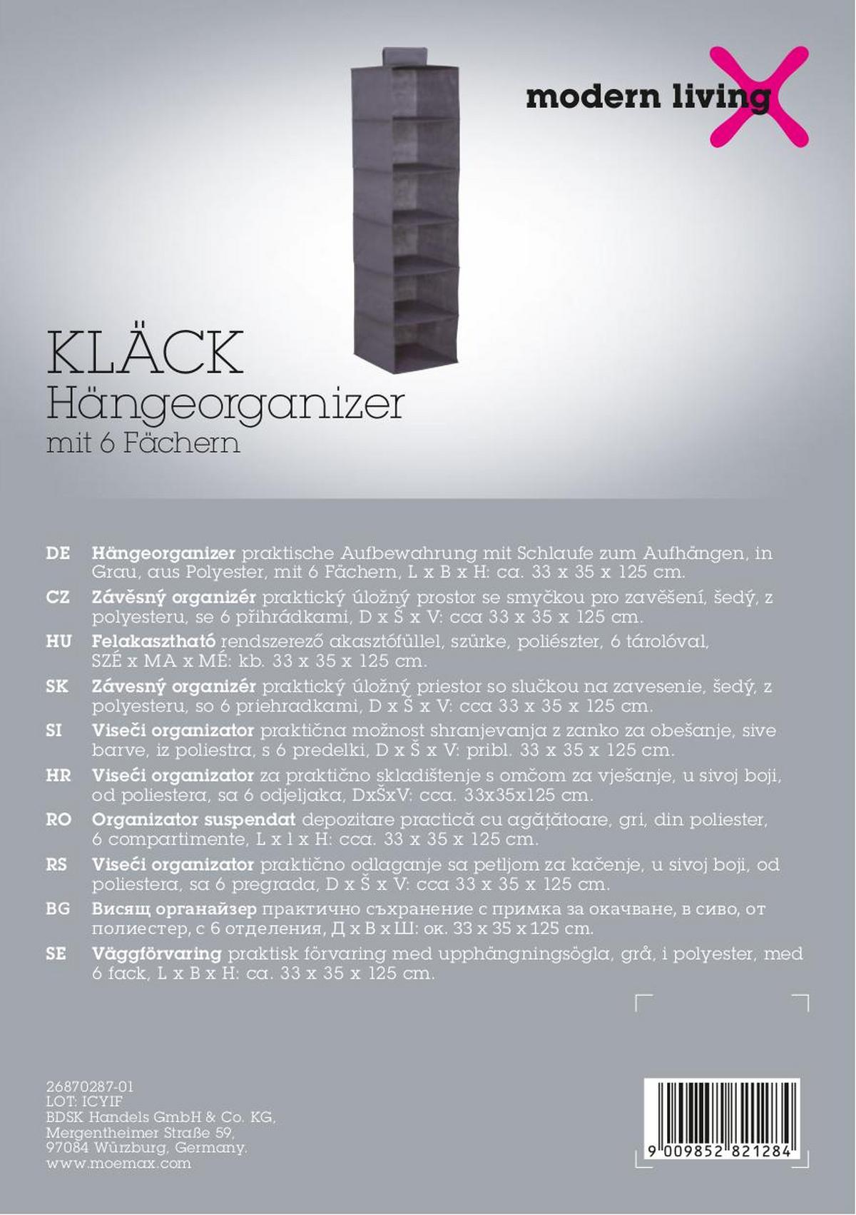 Závěsný organizér TANYA - šedá, Konvenční, karton/textil (33/125/35cm) - Mömax