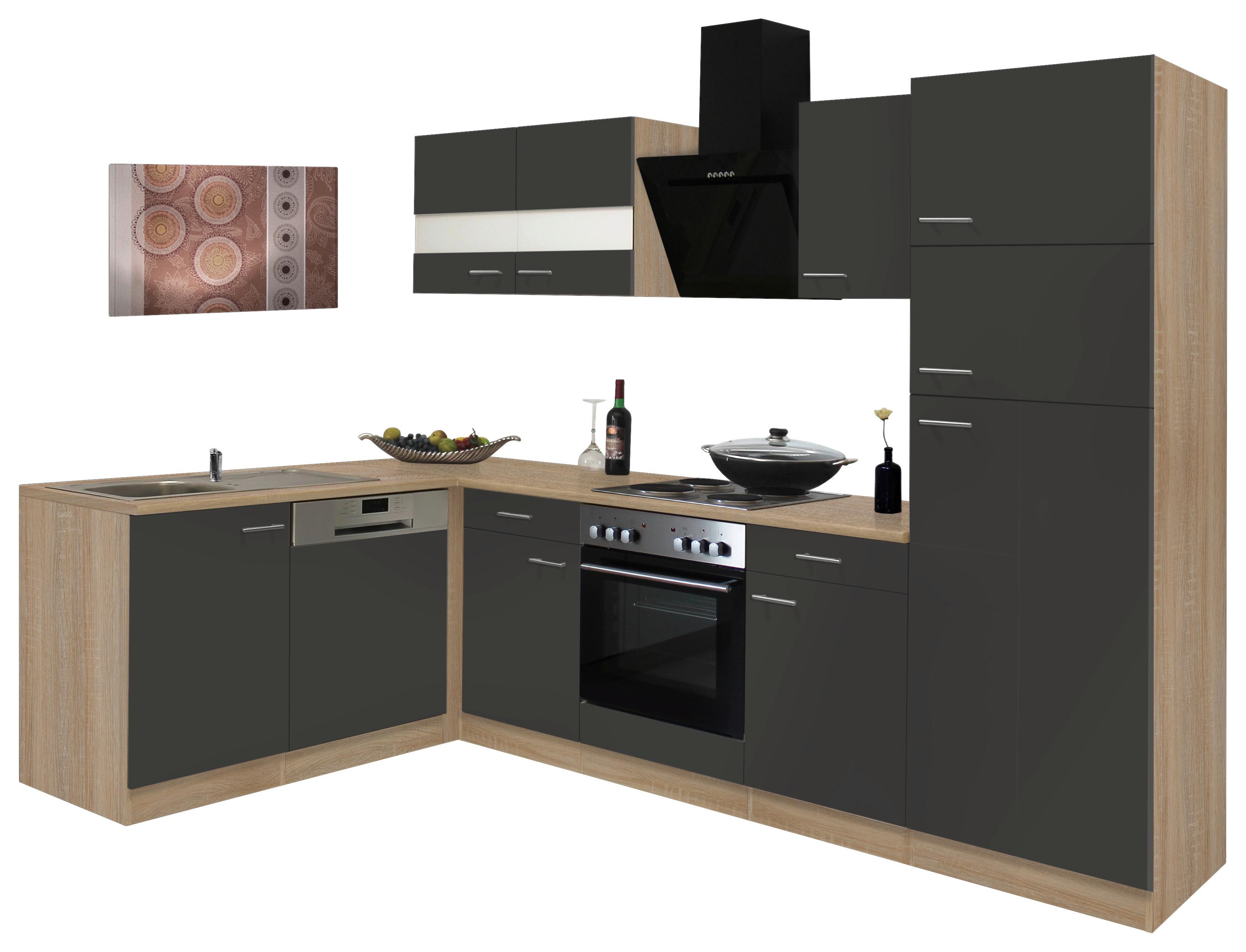Eckküche Economy mit Geräten 172x280 cm Grau/Eiche Dekor - Eichefarben/Grau, Basics, Glas/Holzwerkstoff (172/280cm) - Respekta