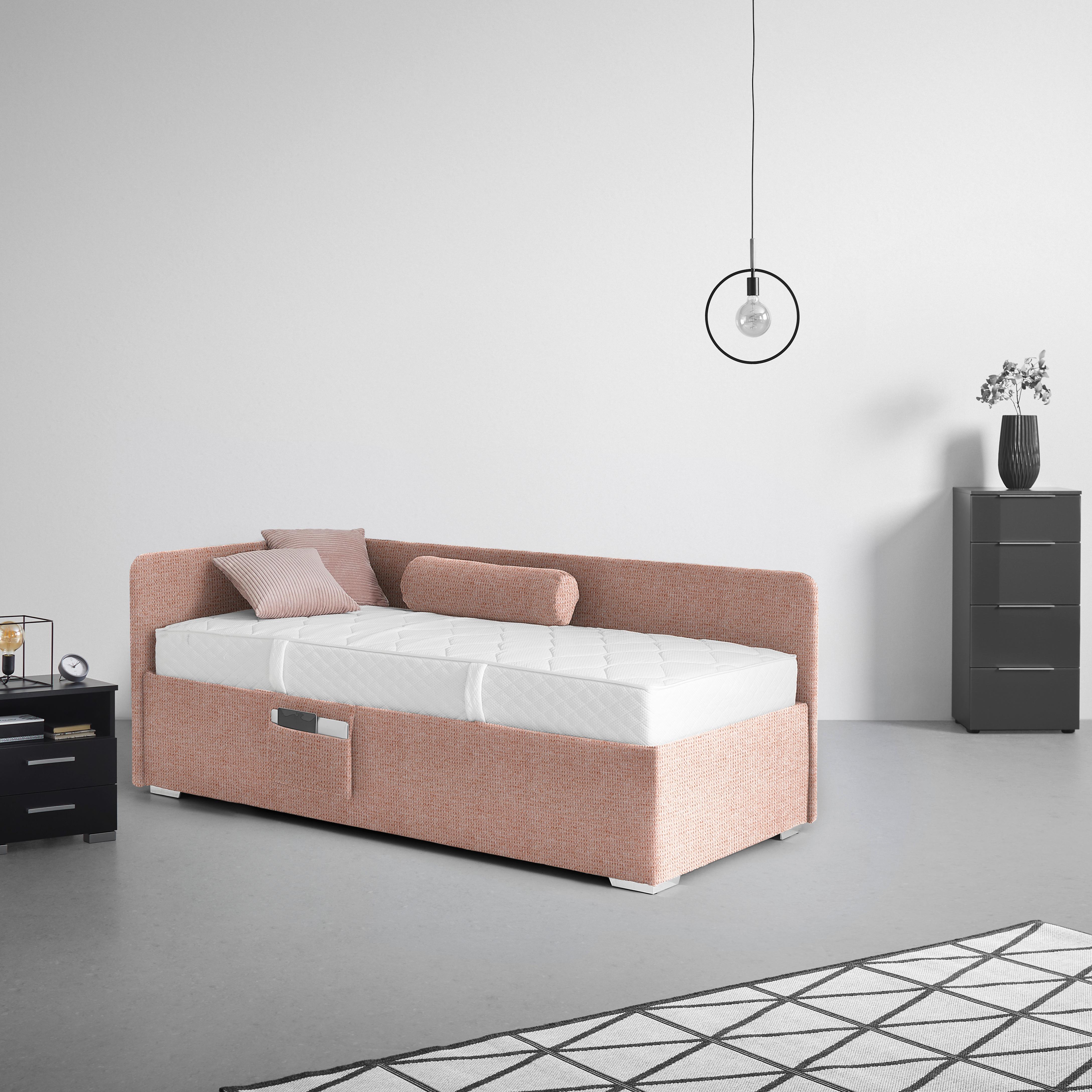 Posteľ Remi s bočnicami 120x200, poťah ružový - prírodná farba/ružová, Konventionell, drevo/textil (120/200cm)