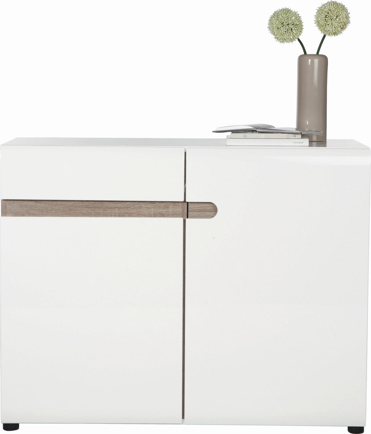 Kommode Linate B: 109,4 cm Alpinweiss/Trüffel Eiche Dekor - Weiß Hochglanz/Trüffeleichefarben, MODERN, Holzwerkstoff (109,4/86,5/41,9cm)
