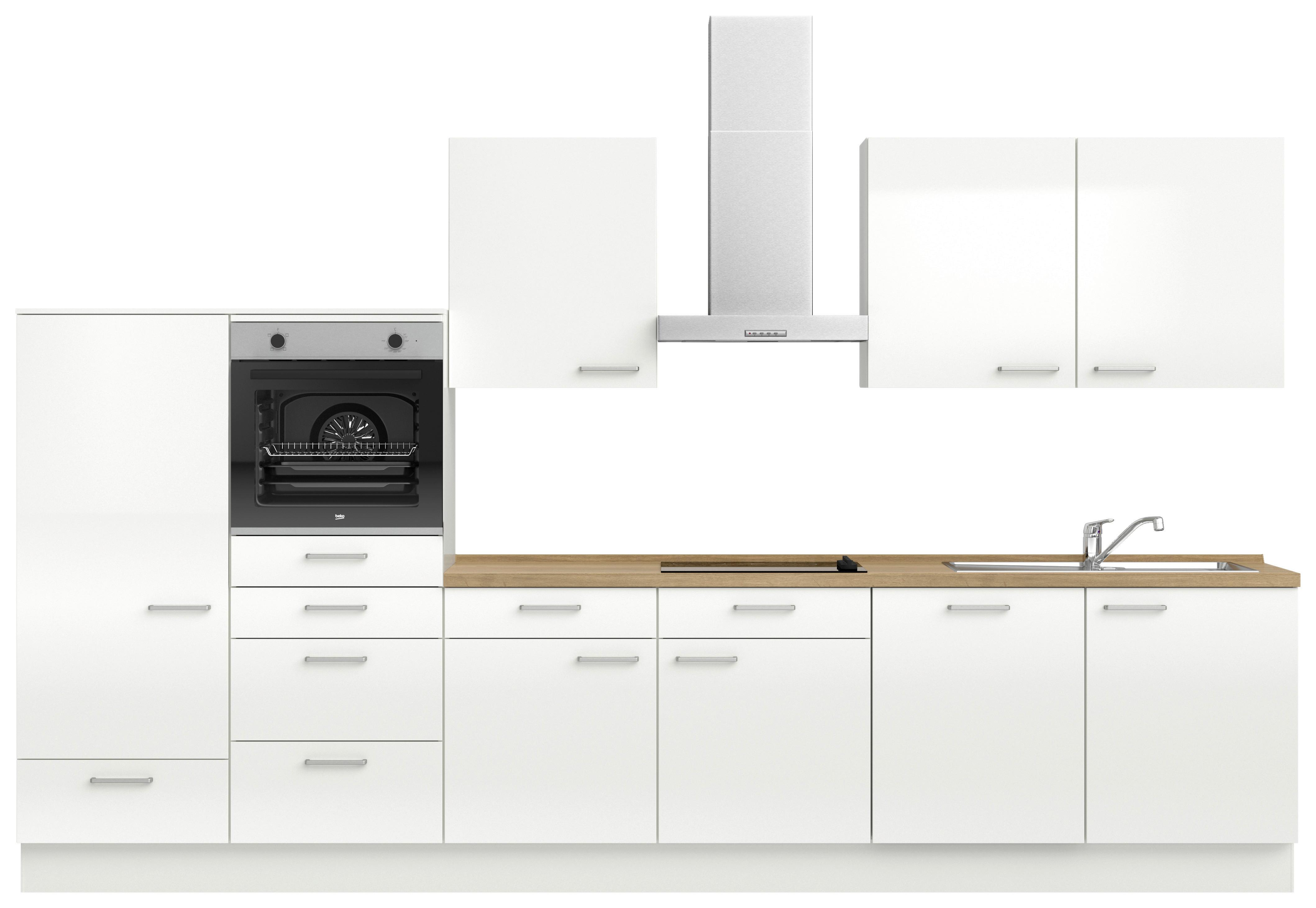 Kuchyňská linka 360 cm, alpská bílá vysoký lesk - barvy dubu/vysoce lesklá bílá, Moderní, kov/kompozitní dřevo (360cm) - Nobilia