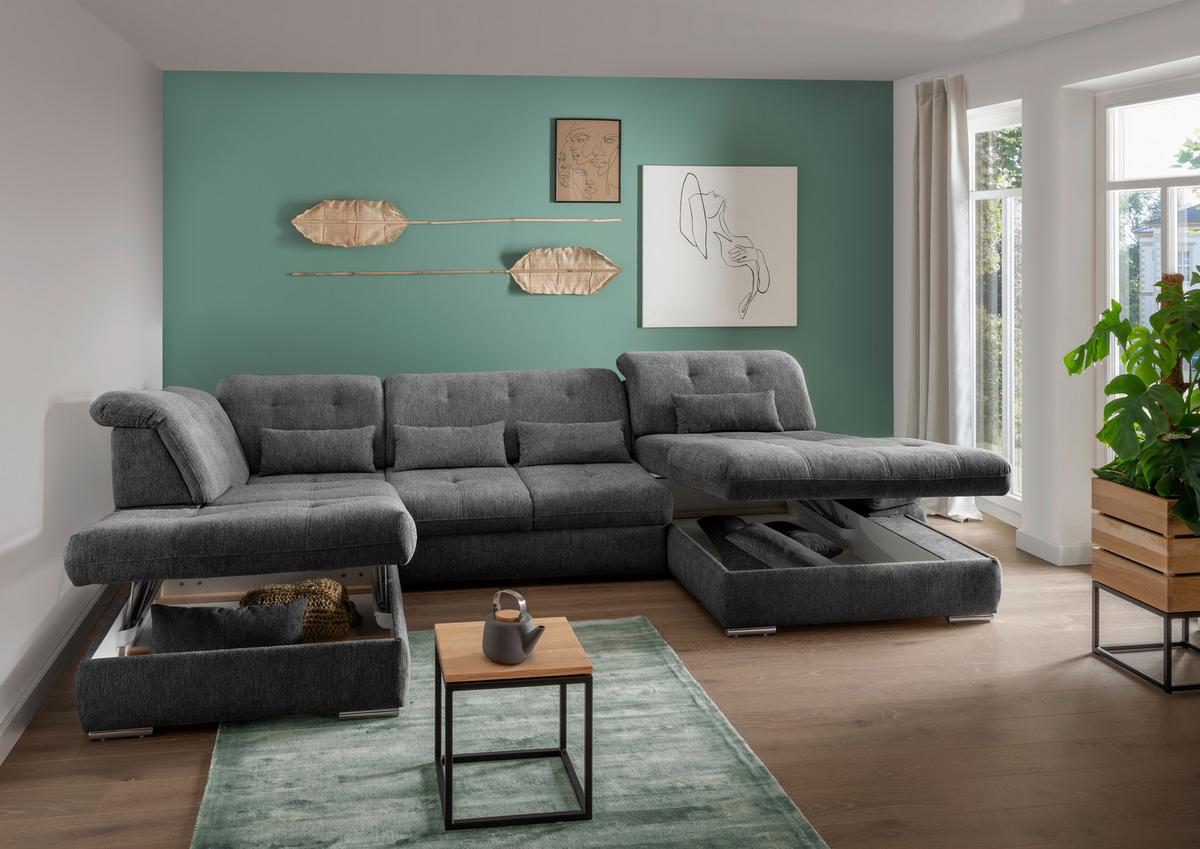 Wohnlandschaft Dalida Anthrazit U: 254x376x195 Cm - Chromfarben/Anthrazit, Design, Textil (254/376/195cm) - Livetastic